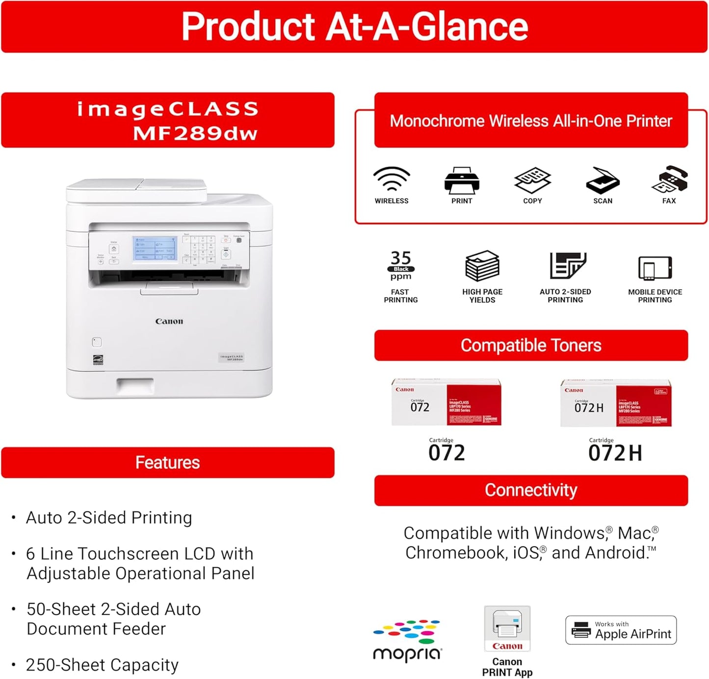 Canon imageCLASS MF289dw - Monochrome, Duplex, Wireless Laser Printer, All-in-One Print, Copy, Scan, Fax, Auto Document Feeder, 1 Year Limited Warranty, 35 PPM, White