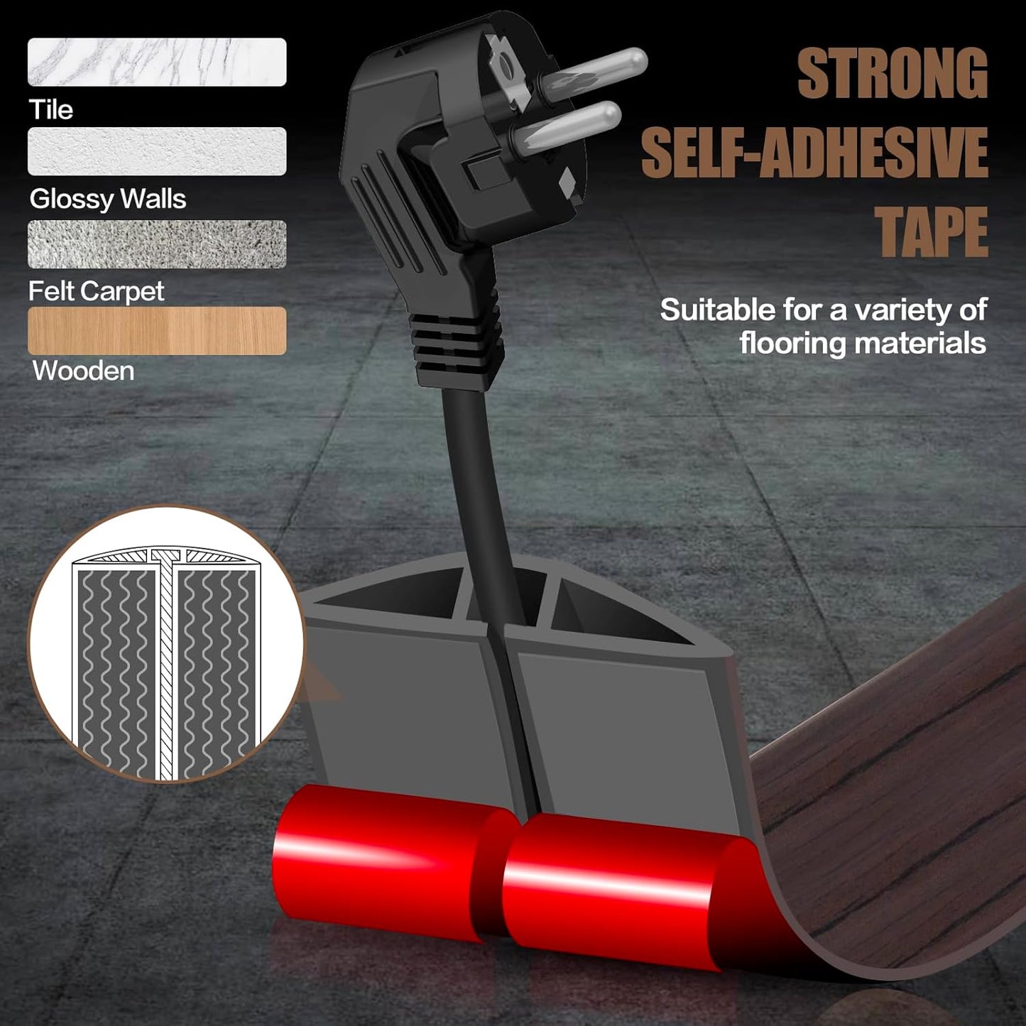 Floor Cord Cover Self Adhesive Cord Hider,10FT Cable Management, Extension Strip Protector for Wires, Prevent Cable Trips for Offices, Gyms, Exhibitions Cavity:0.39"(W) x 0.27"(H) Black Wood