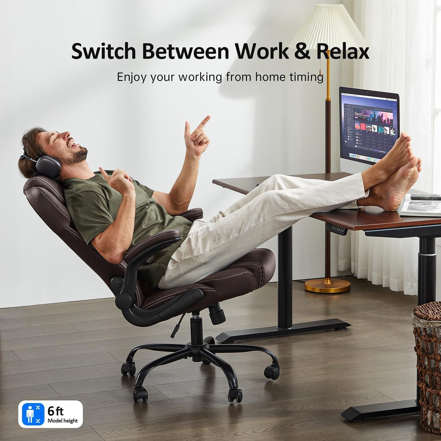 Office Chair, Executive Leather Chair Home Office Desk Chairs, Ergonomic Computer Desk Chair with Adjustable Flip-Up Arms, Lumbar Support Swivel Task Chair with Rocking Function (Brown)