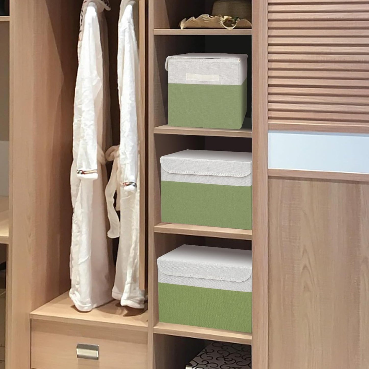 Large 17" 42 Quarts Collapsible Stackable Storage Bins with Lids [3-Pack] Foldable Fabric Linen Storage Boxes Cube, Closet Organizer Baskets with Label for Home (16.7 x 12 x 12", Green & White)