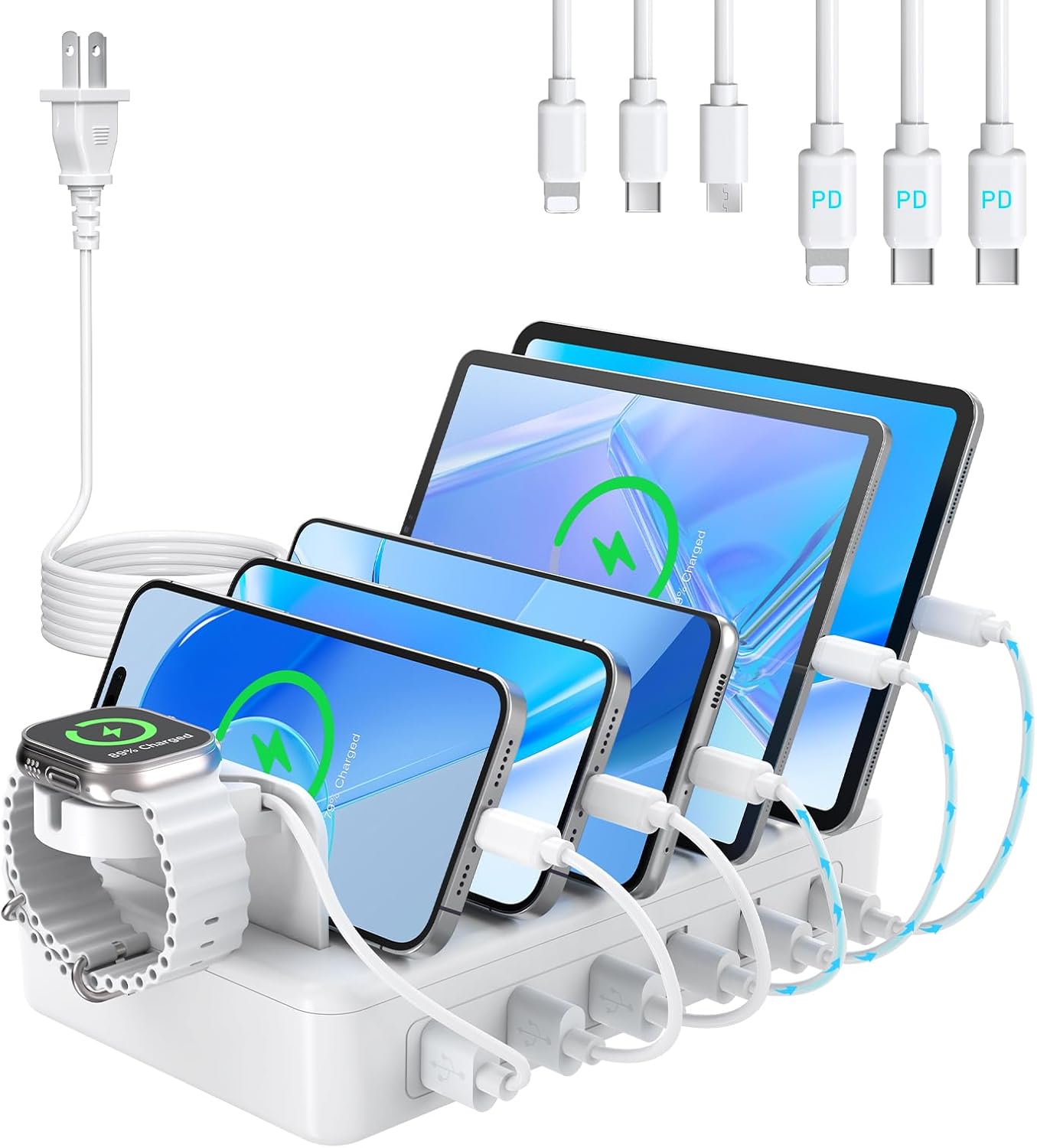 96W Charging Station for Multiple Devices,CREATIVE DESIGN 6 Ports USB C Charging Station with 3 PD 20W USB-C,Multi Charger Station for Cellphone Kindle Tablet and Other Electronic
