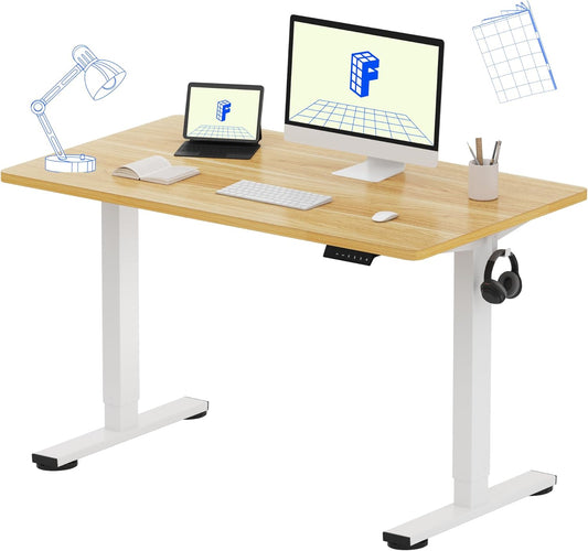 FLEXISPOT EN1 One Piece Standing Desk, 48 x 24 Inches Height Adjustable Desk Electric Stand up Desk Home Office Table for Computer Laptop (White Frame + Maple Desktop)