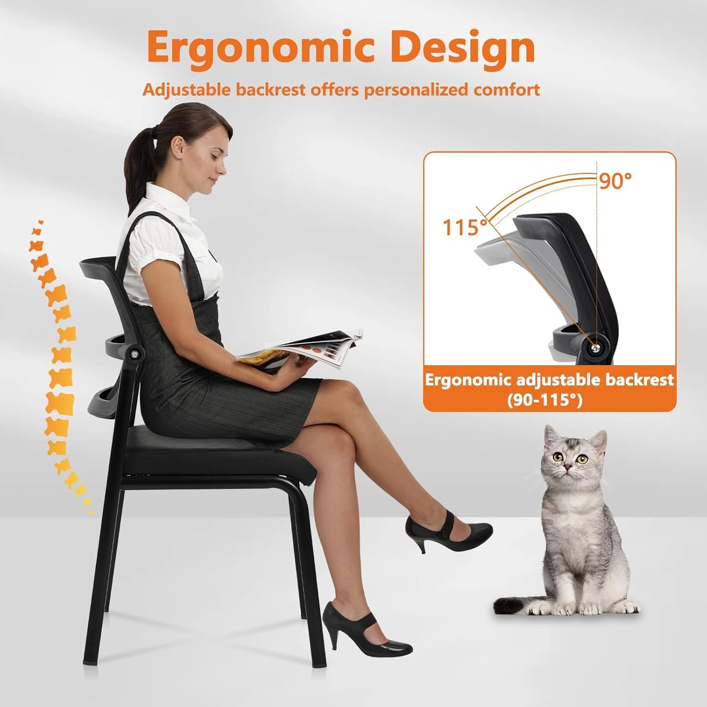 CLATINA Stackable Waiting Room Chair with Adjustable Mesh Backrest, Armless Office Guest Reception Chairs with Leather Cushion and Ergonomic Lumbar Support for Conference Lobby Side School, Black, 2PK