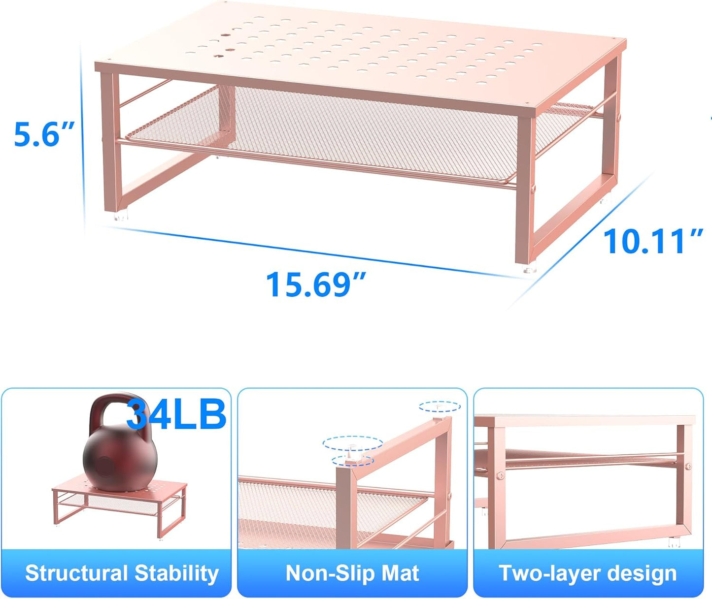 gianotter 2-Tier Metal Monitor Stand Riser, Desk Organizer for Monitor, Office Desk Storage Organizer for Office Supplies (Rose Gold)