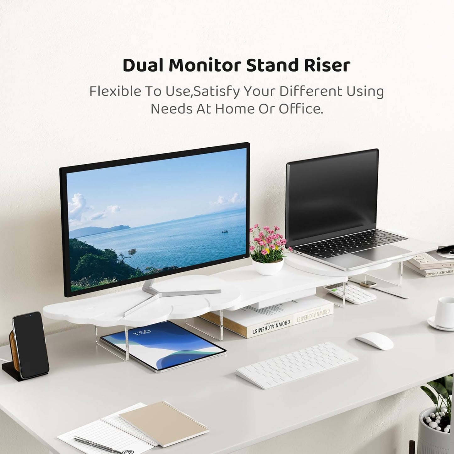 Dual Monitor Stand Riser, Wing-Shaped Sturdy Desktop Wood Stand for 2 Monitors, White Riser for Laptop, PC, Computer