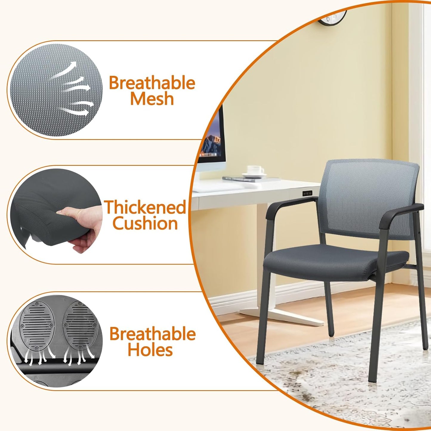 CLATINA Mesh Back Stacking Arm Chairs with Upholstered Fabric Seat and Ergonomic Lumber Support for Office School Church Guest Reception Grey (Gray-4 Pack)