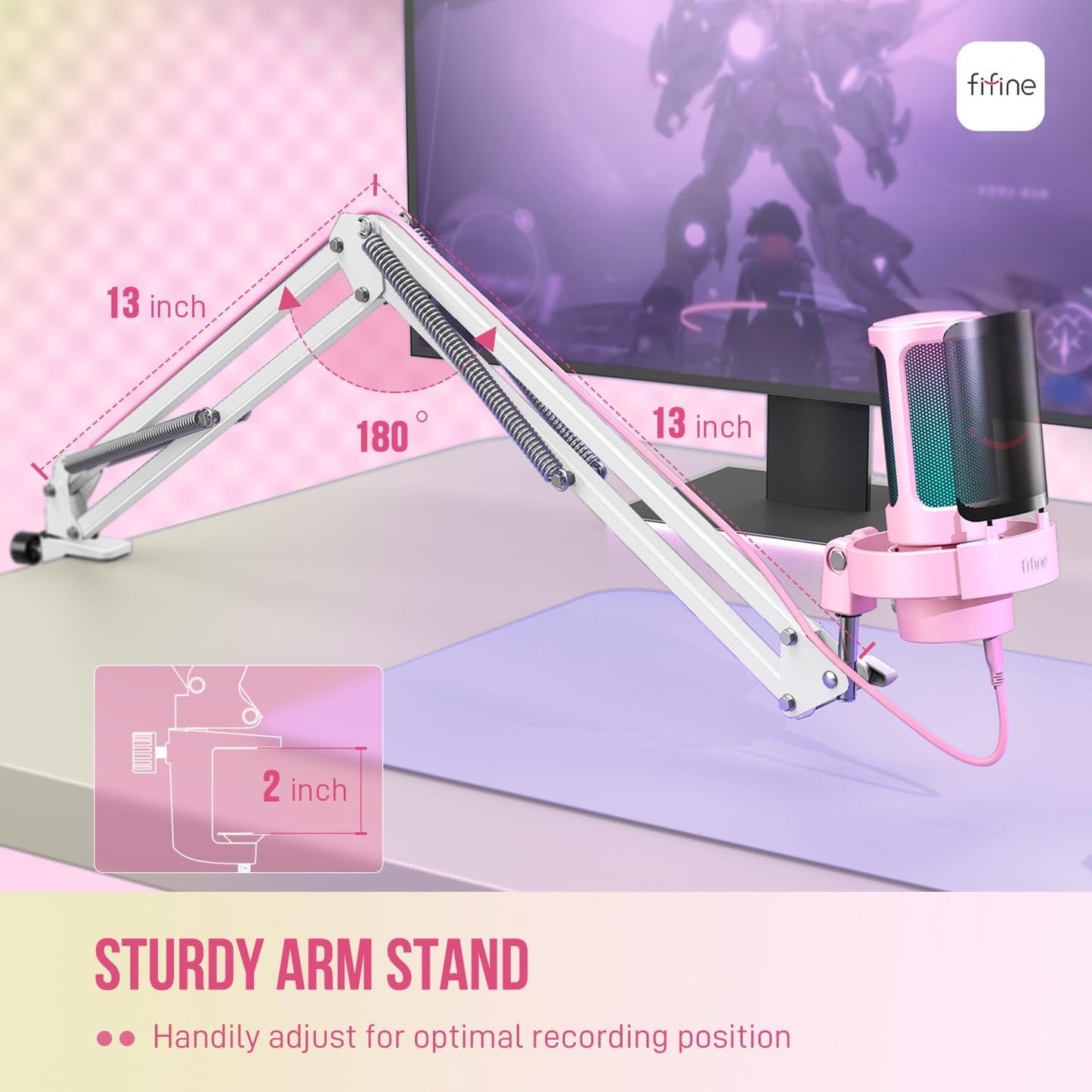 FIFINE USB Streaming Microphone with Boom Arm, Gaming Mic Kit for PC PS4/PS5, Podcast Microphone for Podcast with RGB Control, Mute Button, Gain Knob, Headphones Jack, Pop Filter-A8T Pink