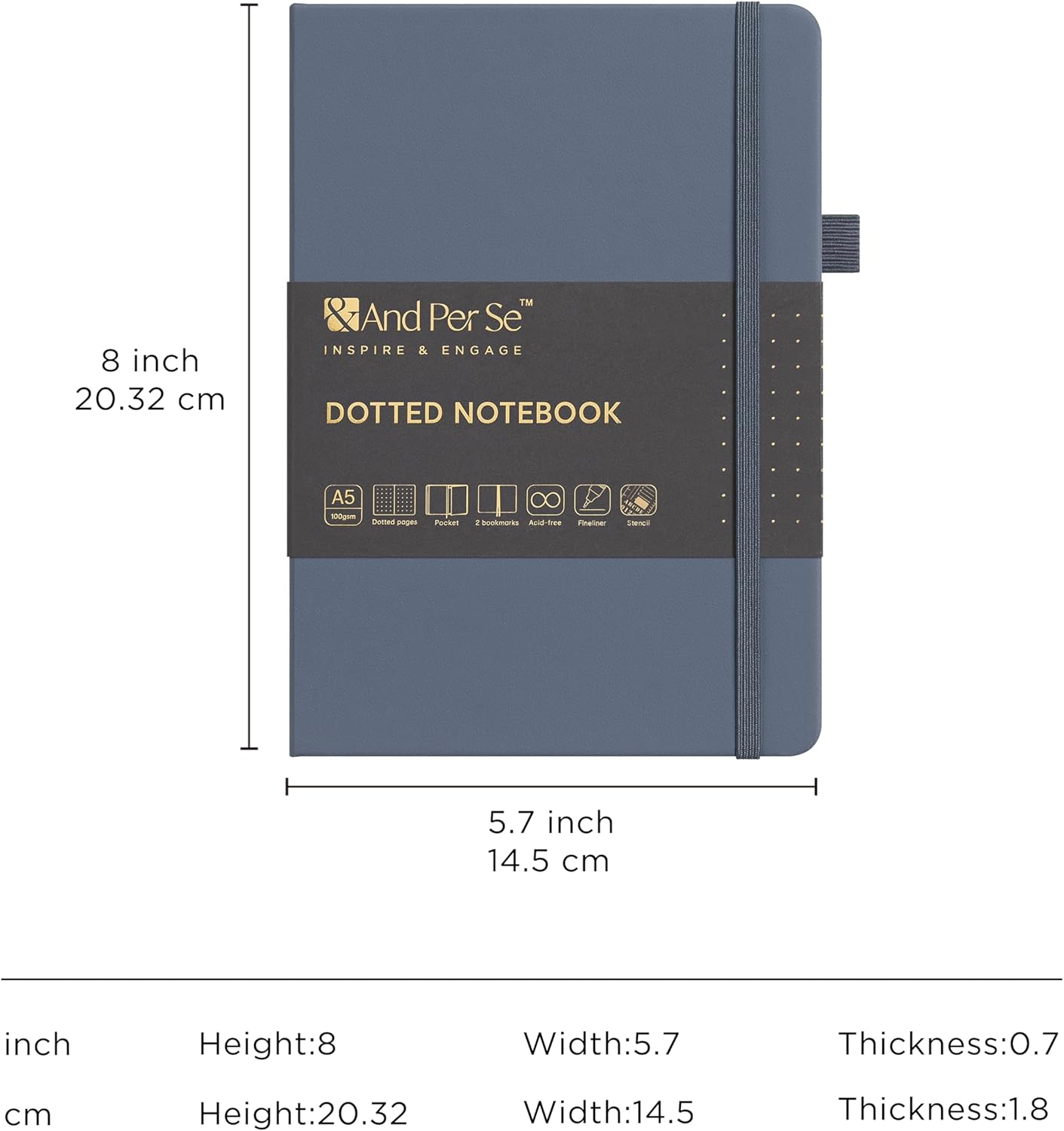 &And Per Se Bullet Dotted Journal Notebook, A5 Leather Hardcover, 176 Numbered Pages 100GSM Thick Dotted Paper, 2 Sheets of Stencils Included - 5.7'' x 8'' (Dark Blue)