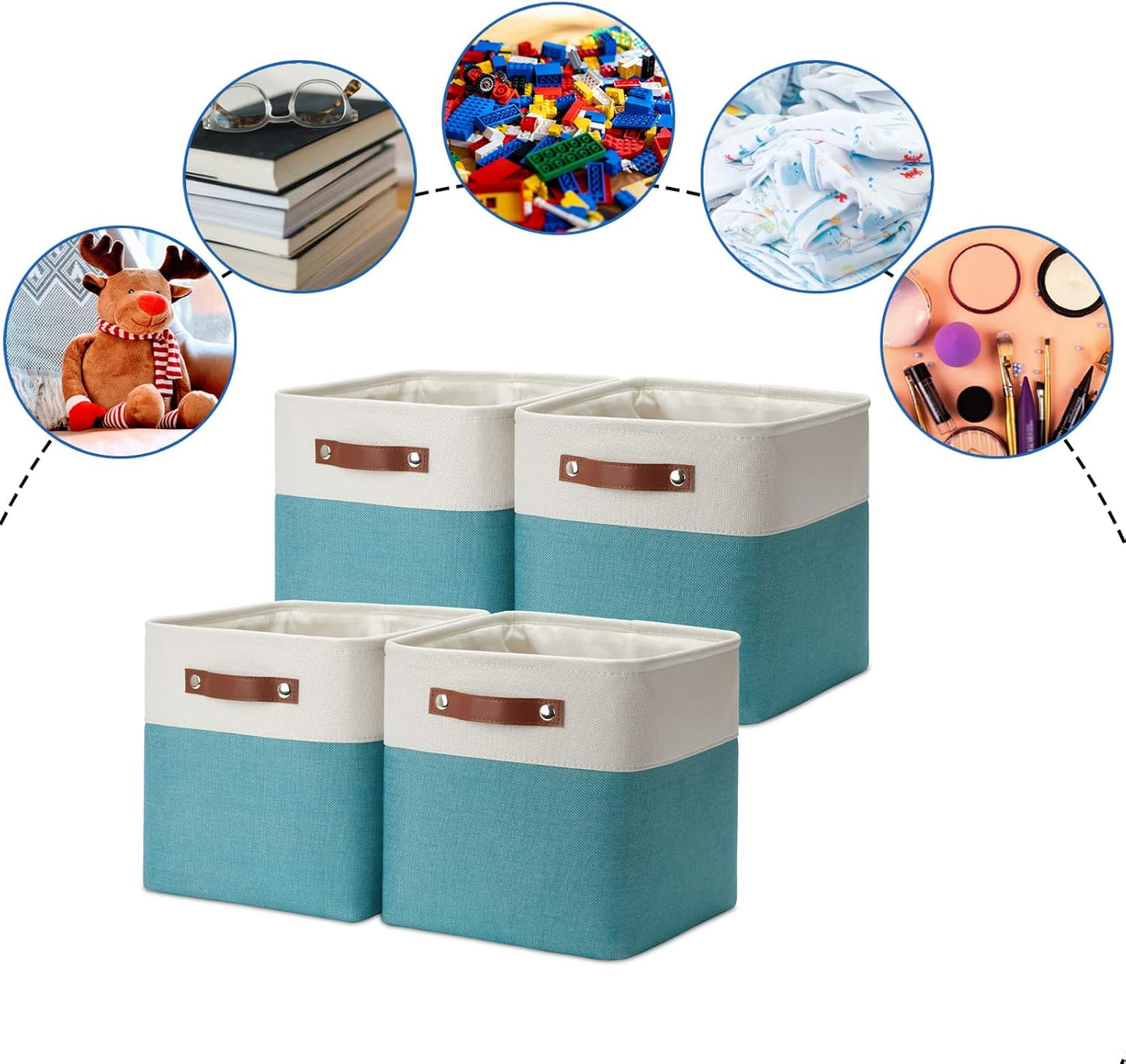 DULLEMELO Foldable Storage Cubes 11 x 11 Organizer Bins,Canvas Storage Bins Empty Gift Baskets for Organizing with SturdyLeather Handles, Closet Baskets for Nursery Storage(4 Pack - 11" White&Teal)