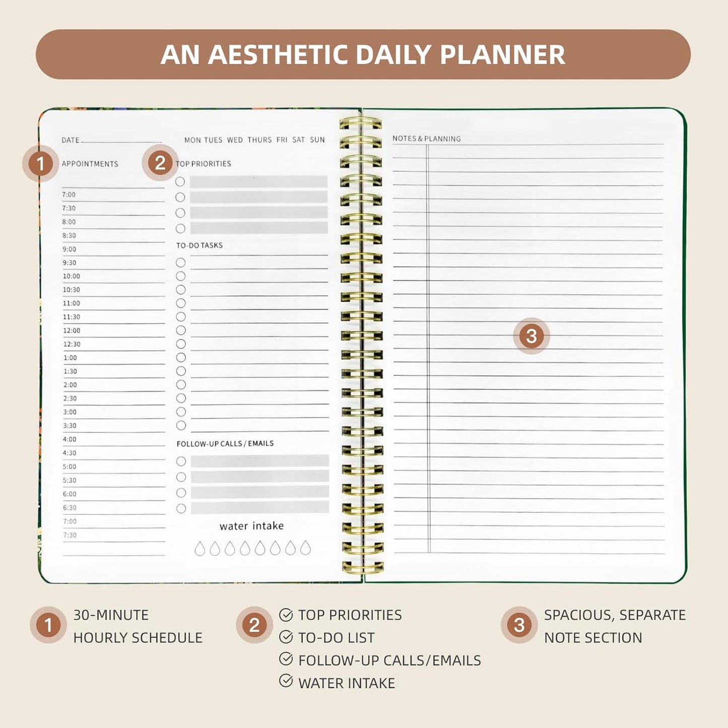 Undated Daily Planner - Spiral Notebook 80 Days One Day Per Page, Hourly Schedule, To-Do List, Notes, Everyday Planning Task, A5 Hardcover Journal Organizer Book Women Cute, Cat Garden