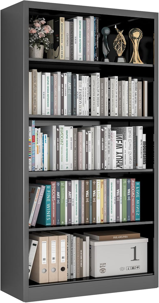 5 Tier Metal Bookshelf, 66" Tall Bookcase, Adjustable Book Shelves, Modern Black Book Shelf Storage Shelves for Bedroom, Living Room, Office, Library, Classroom, School