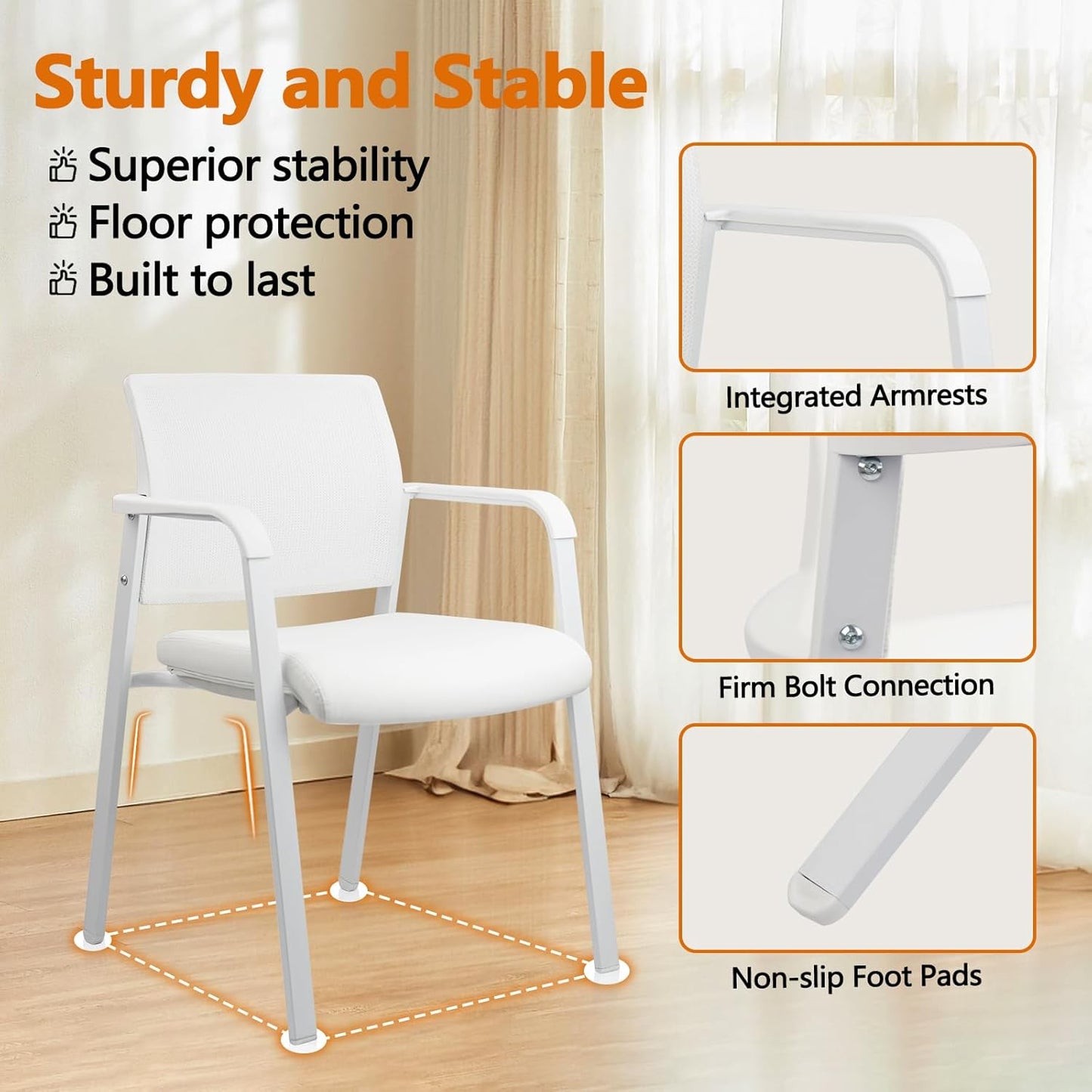 CLATINA Stacking Office Chairs | Mesh Back, Thicken Leather Seat and Arms, Ergonomic Lumbar Support | Guest Reception, Waiting, Conference, School, Party, Customer, Side, Stationary | Set of 4, White