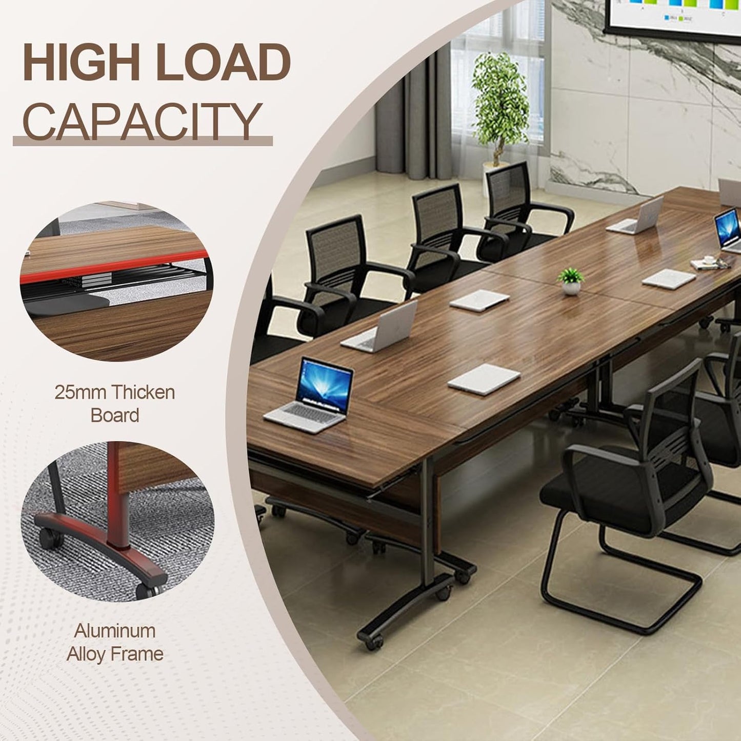 Folding Conference Room Table, Modern Conference Tables with Wheels, Large Rectangular Mobile Training Tables for Office Classroom, Foldable Modular Boardroom Seminar Table Walnut (4pack L70.9in)