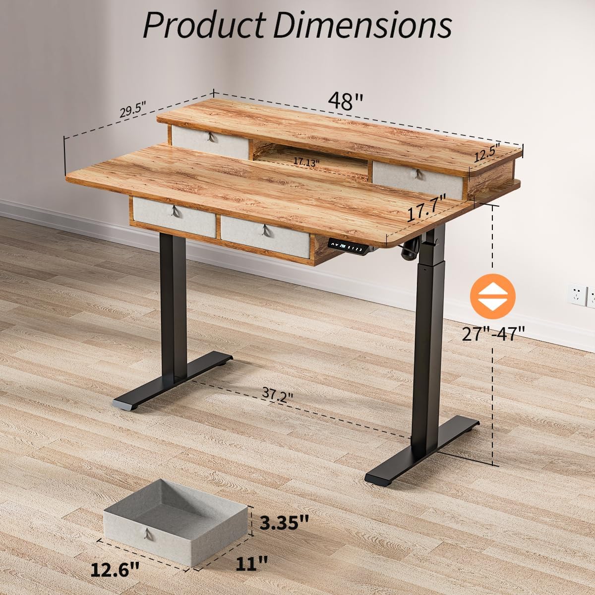 Standing Desk with Fast Charging USB Ports, 48" x 30" Height Adjustable Home Office & Gaming Desk, Sit Stand Desk with Built-in Storage Shelf, Hook & Ergonomic Design(Light Rustic)