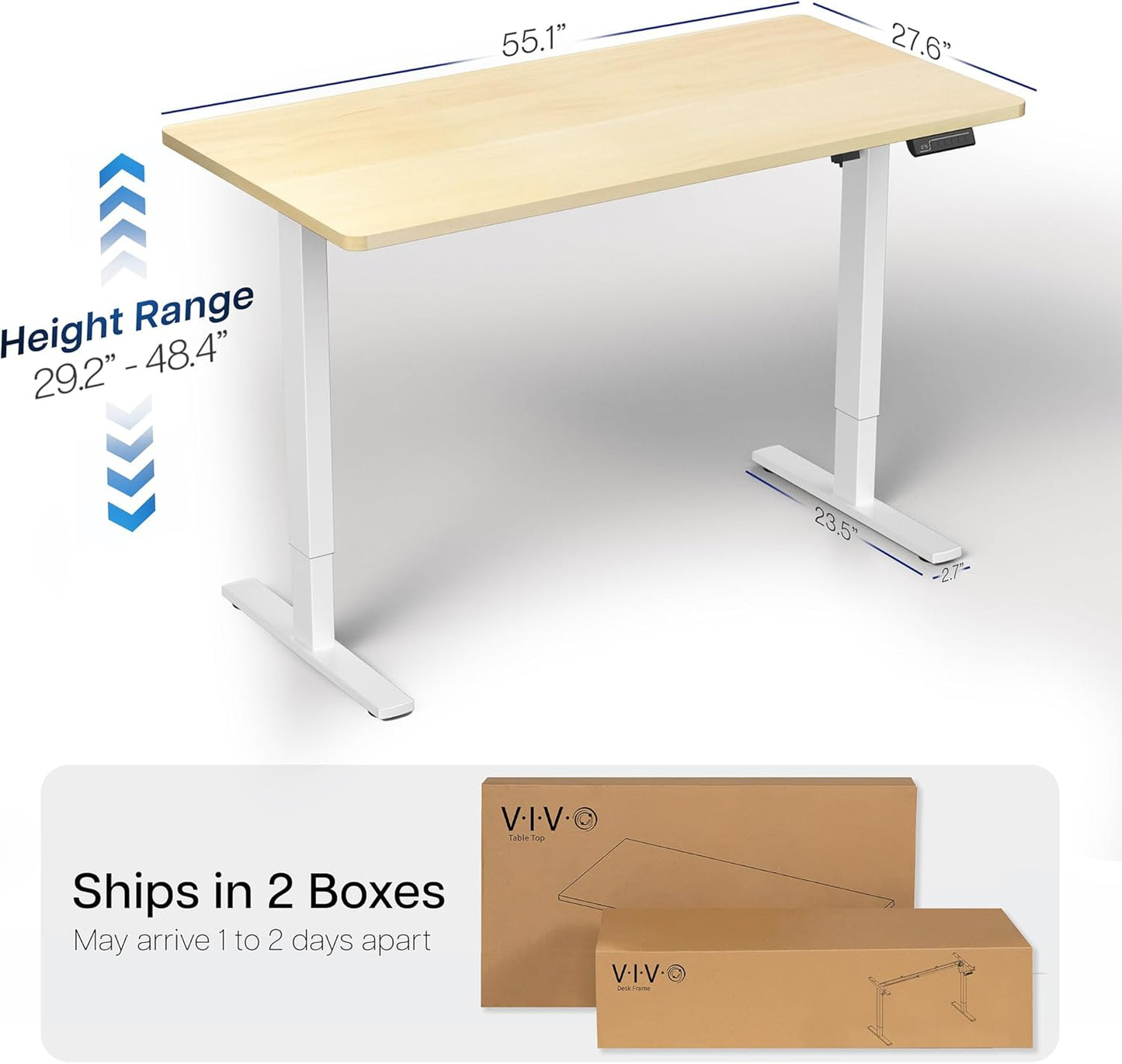 VIVO Electric 55 x 28 in Standing Desk, Memory Height Adjustment, 1B Series, One-Piece Light Wood Top, White Frame, DESK-KIT-1W55C
