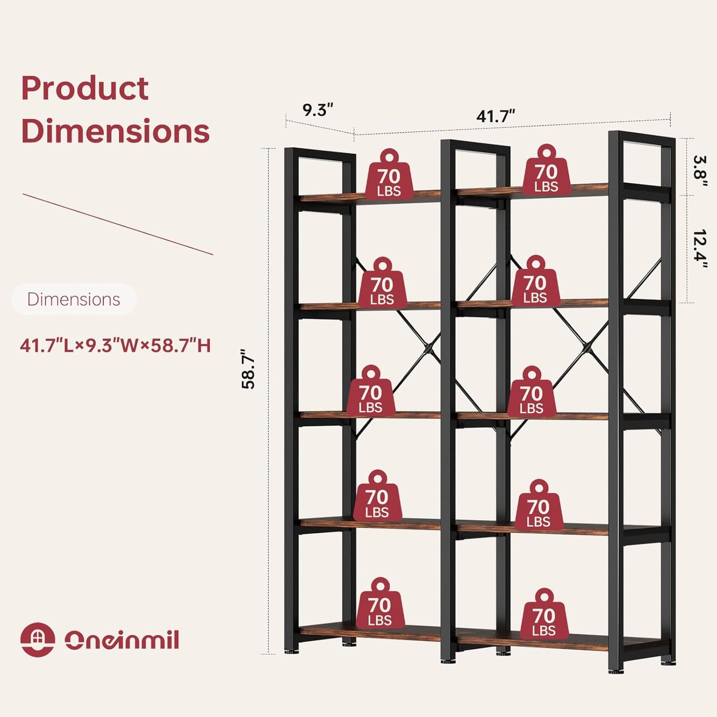 oneinmil Bookshelf 5 Tier, 58.7'' Industrial Book Shelf, Wooden Bookshelves with 10 Open Display Shelves, Vintage Storage Rack, Standing Wide Bookcase for Home and Office, Rustic Brown