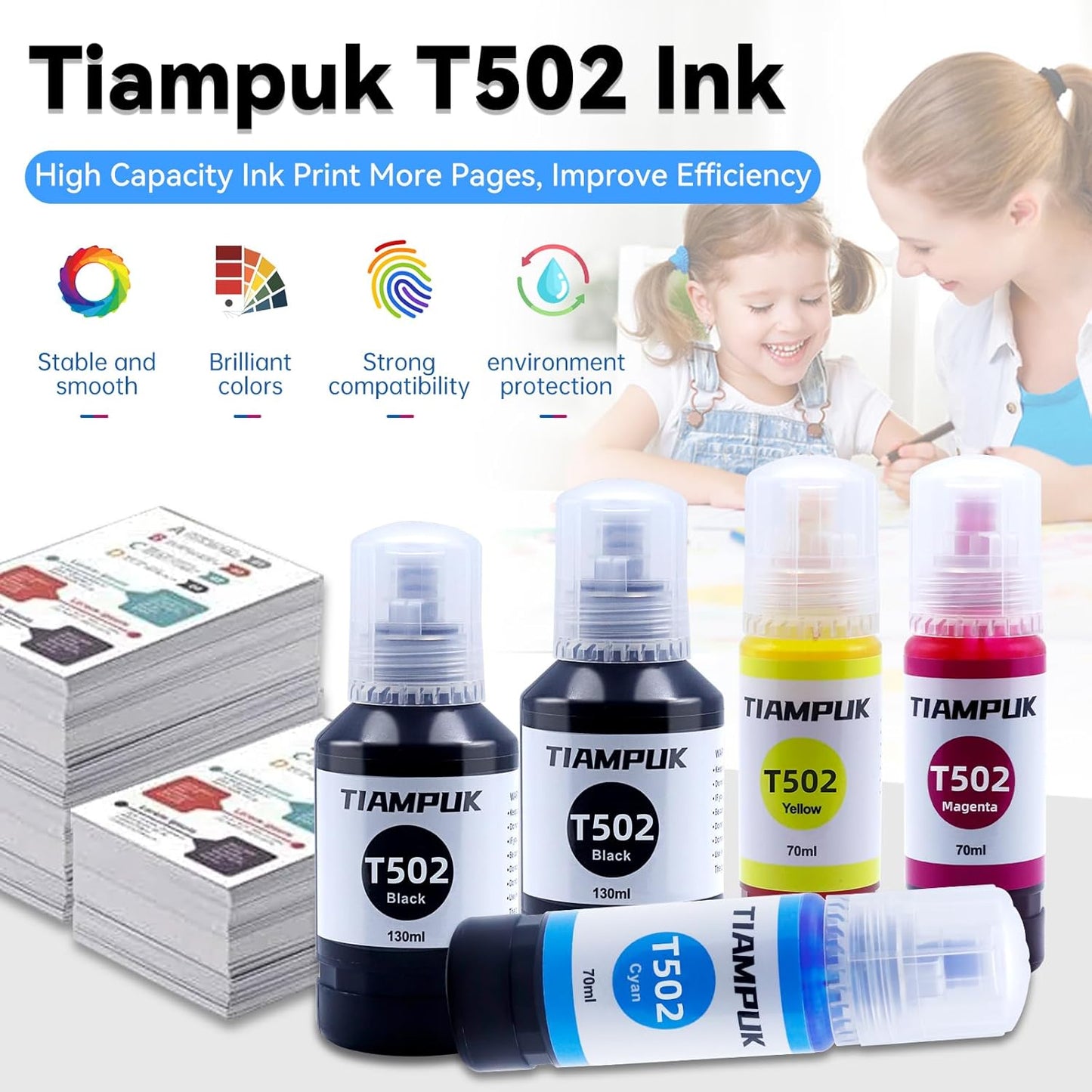 5 Pack T502 502 Ink Refill for Ecotank ET-4850 ET-4760 ET2750 ET-3760 ST-4000 ET-15000 ET-2850 ST-2000 ET-3710 ET-3850 ET-3750 ET-3830 ET4750 ET3700 ST3000 ET2700 ET2760 Printer