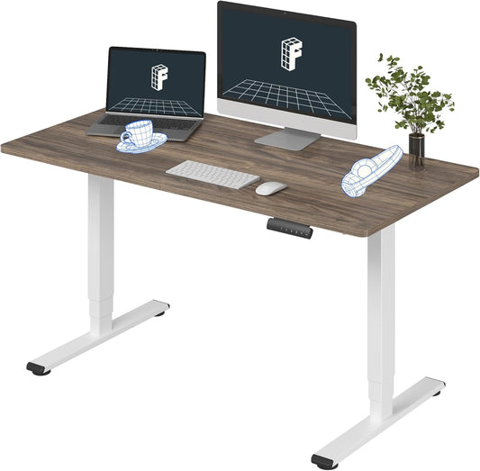 FLEXISPOT E6 Essential 3 Stages Dual Motor Electric Standing Desk 55x28 Inch Whole-Piece Board Height Adjustable Electric Sit Stand Desk(White Frame + Brown Wood Grain Desktop, 2 Packages)