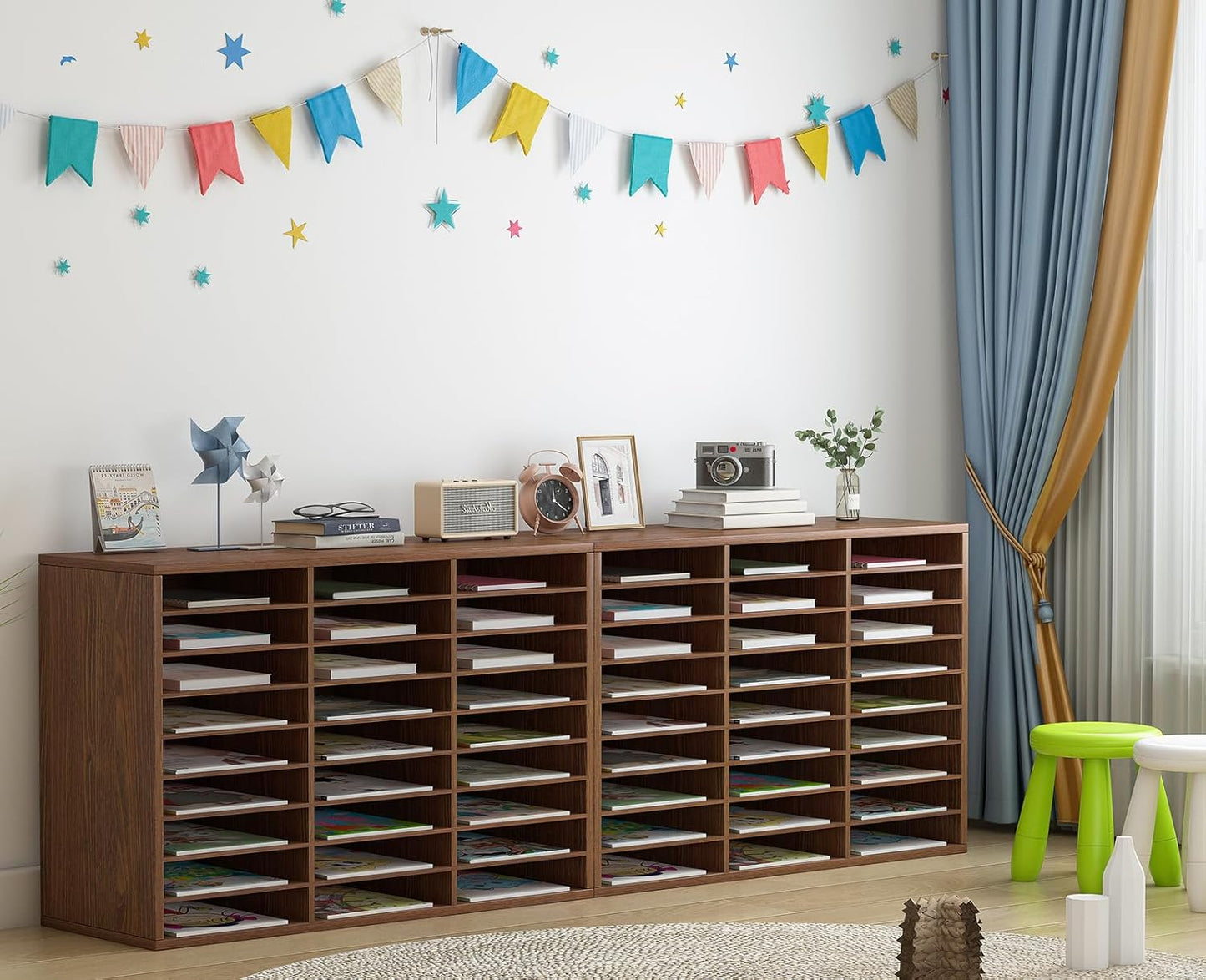 PAG Mail Sorter Organizer, Wood Literature Organizer, Student Mailbox for Classroom, Desktop Bill Paper Organizer for Office Home School, 27 Compartments, Brown