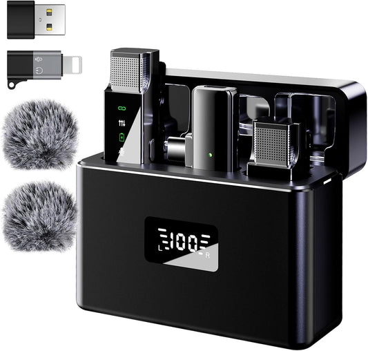 2 Wireless Lavalier Microphone for iPhone Android Phone PC, Pro Lapel Mic System Mini, USB-C/Lightning, 48KHz 24Bit, 30H Battery, Noise Cancelling,Reverb for Video Recording Podcast Stream Vlog