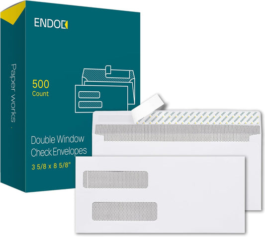 EnDoc 500#8 Double Window Check Envelopes Self Seal, 3 5/8 x 8 5/8" Security Envelopes for QuickBooks Checks, Business Envelopes with Privacy Tinted Pattern, Bright White 24lb Paper