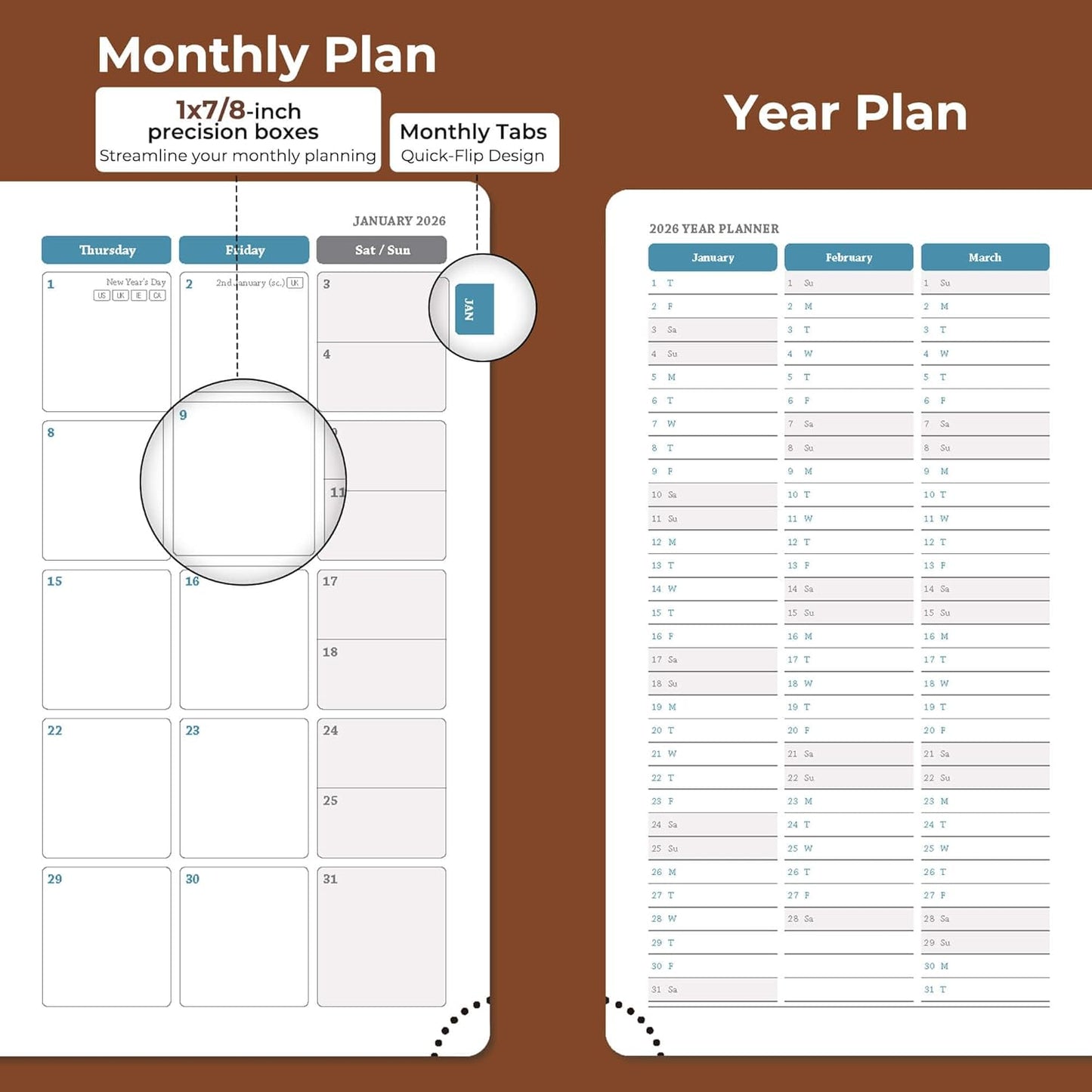Planner 2026 Daily Weekly and Monthly,6.5"x3.75",12 Months Spiral Bound Calendar Agenda with Self-adhesive Pen Holder,2026 Appointment Book with Vegan Leather Soft Cover,Brown