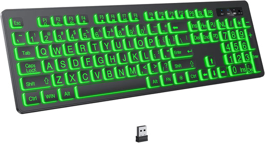 Large Print Backlit Wireless Keyboard, 2.4G Silent Wireless Light Up Keyboard, Full Size Computer Keyboards with 7 Colored Backlits, Rechargeable Keyboards for Windows, PC, Laptop