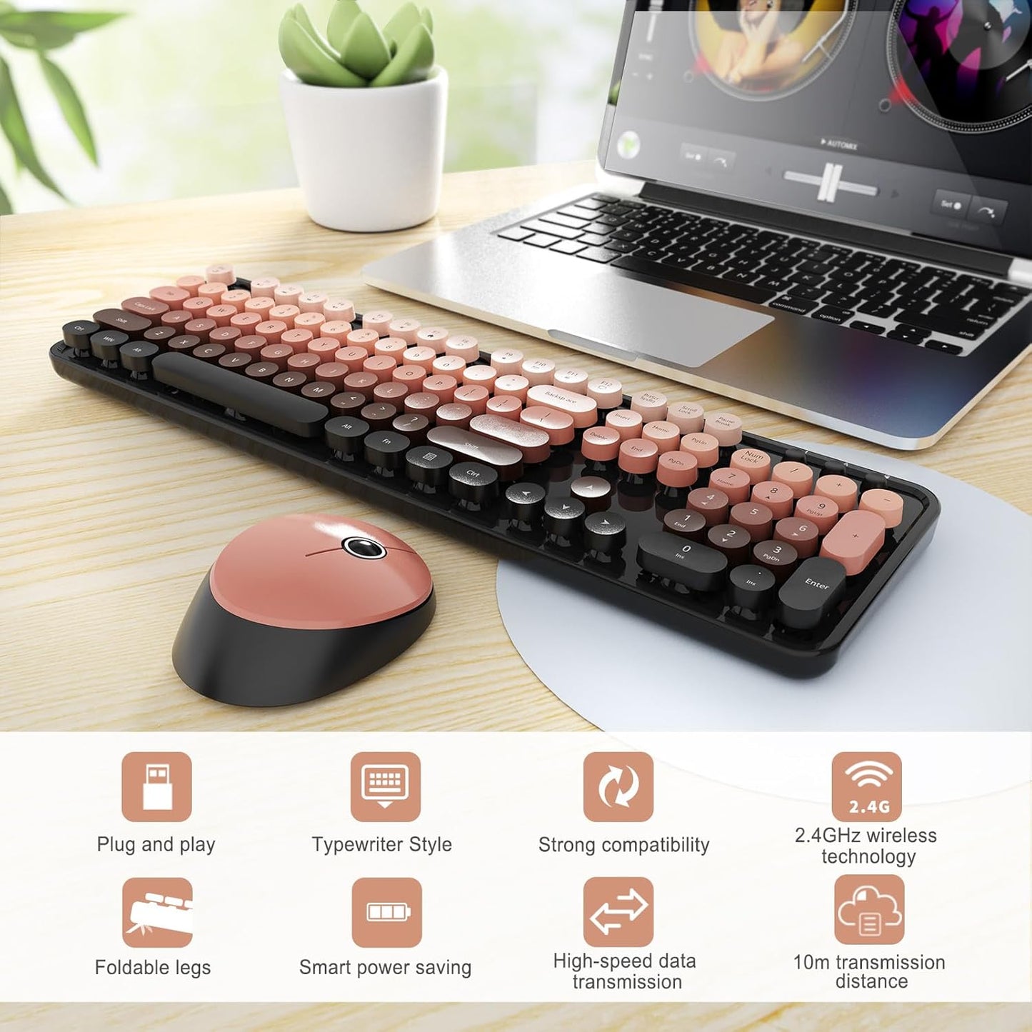 Wireless Keyboard and Mouse Combo, Ergonomic Full Size Typewriter Retro Round Keycaps Keyboard, Compatible with Windows, PC, Perfer for Home and Office Keyboards (Aurora Red)