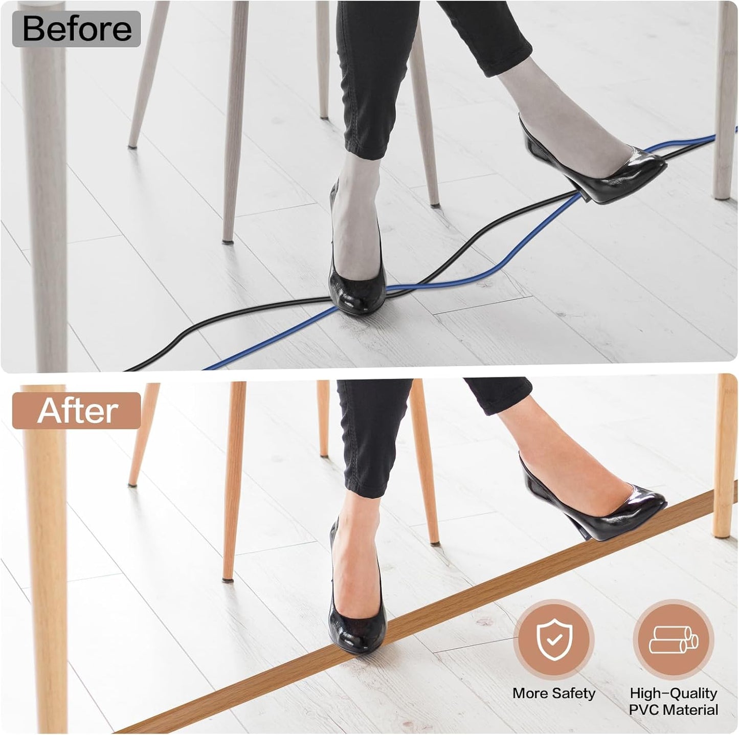 Floor Cord Cover Self Adhesive Cord Hider Floor Extension Cord Covers for Floor Power Cord Protector Cable Management Prevent Cable Trips Cable Cavity 0.47" W x 0.27" H (Light Brown Wood, 3.3Ft)