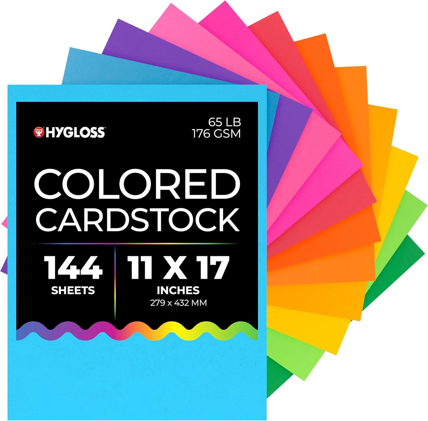 Hygloss Bright Colored Cardstock - 11x17-Inch, 12 Assorted Colors, 144 Sheets, 65 lb/ 176 gsm, Fade-Resistant, Acid-Free Color Card Stock Paper