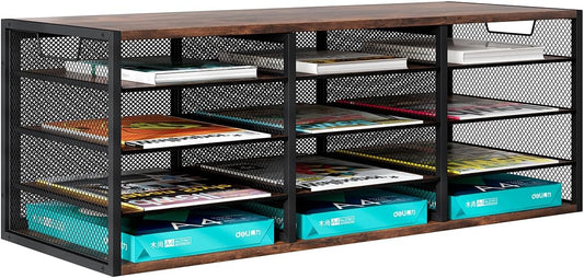 Mail Sorter Adjustable Holder, Countertop Literature Organizer, Student Mailbox for Classroom, Desktop Bill Paper Organizer for Office Home School, 12 Compartments, Brown