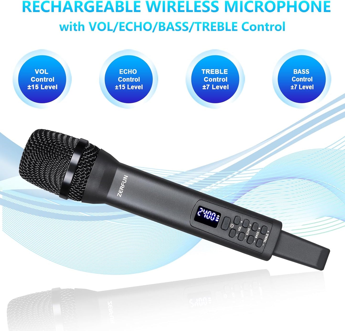 Rechargeable Wireless Microphone, Pro Handheld Cordless Mics System Dynamic with Echo Treble BASS VOL Control for Karaoke Singing Church Party, 1/4'' Output, D240, Grey