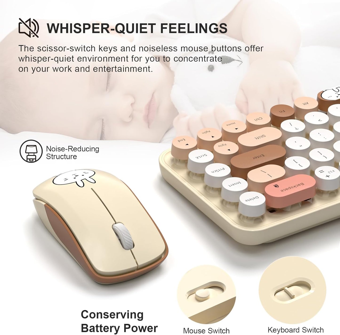 FOPETT Wireless Keyboard and Mouse Cute Mouse and Keyboard 2.4G Wireless Keyboards with Colorful 68 Keys Typewriter Retro Round Keycap for PC, Laptop,Tablet,Computer Windows - Milk Tea Colorful