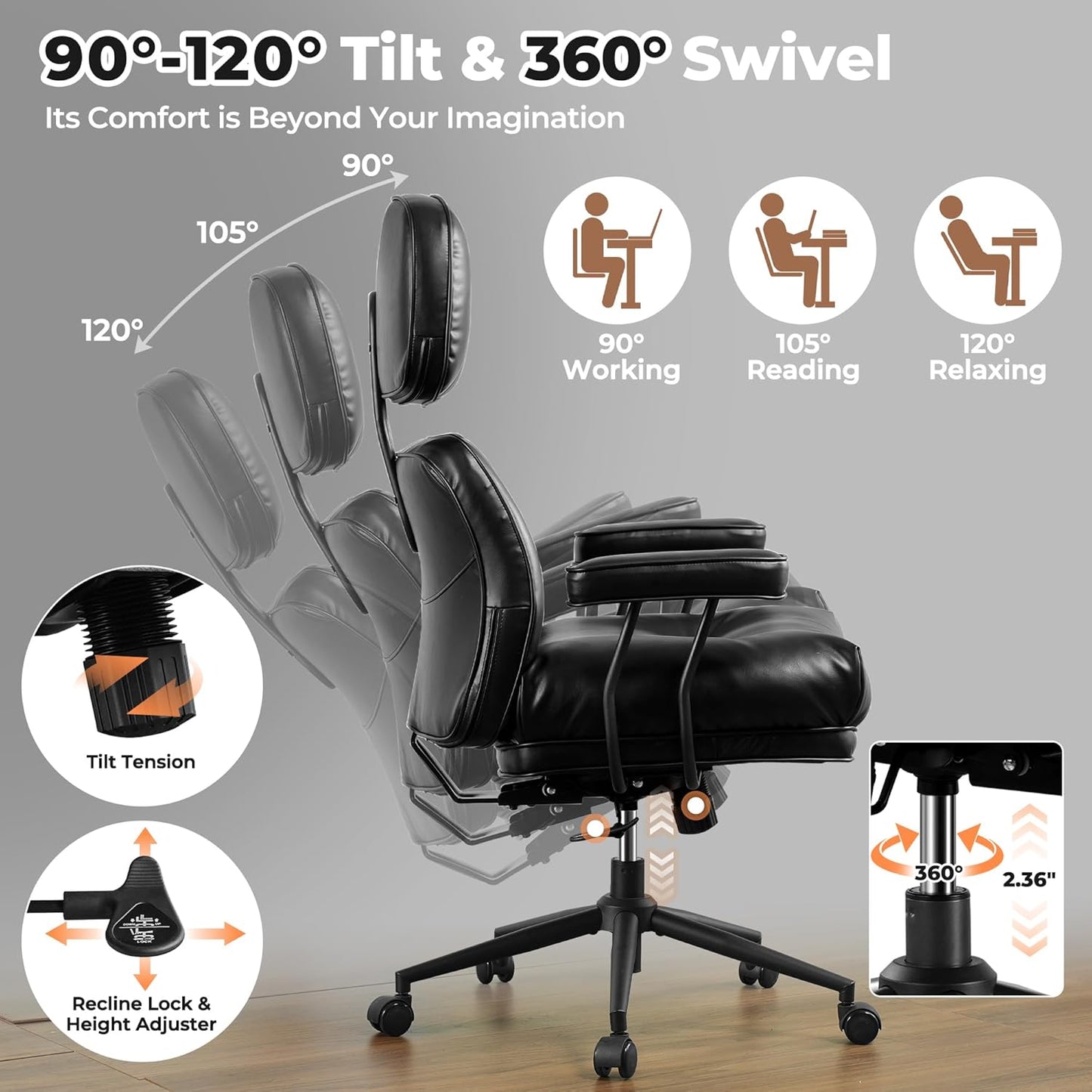 ovios Home Office Chair, Mid-Century Modern Faux PU Leather Chairs with Lumbar Support Comfy Thick Cushion, High Back Ergonomic Swivel Rolling Executive Armchair (Black, PU Leather)