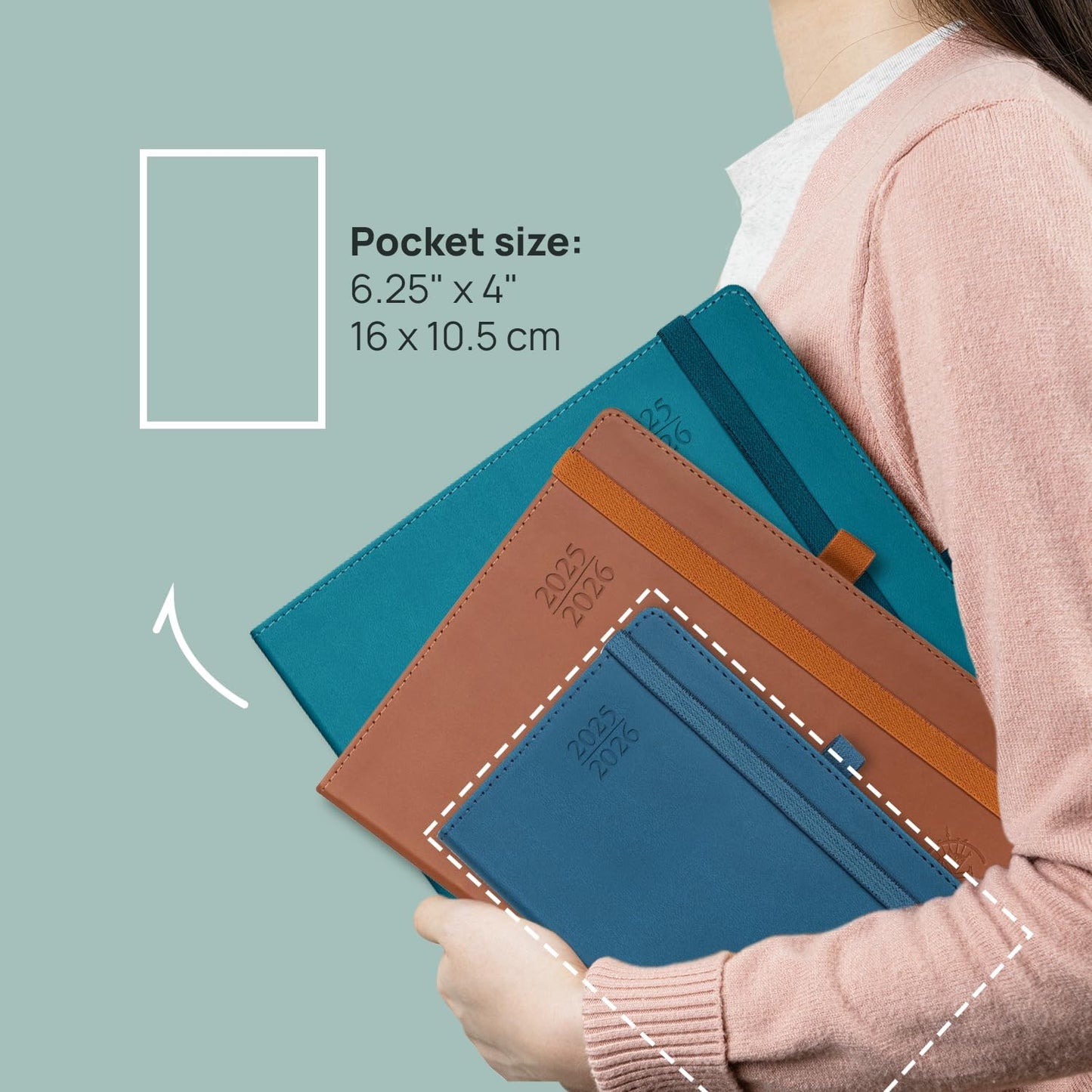 POPRUN Pocket Planner 2025-2026 (Purse Size 4'' x 6.25'') Academic Small Calendar (July 2025 - June 2026) with Hourly Time Slots, 100GSM Thick Papers, Leather Soft Cover - Green