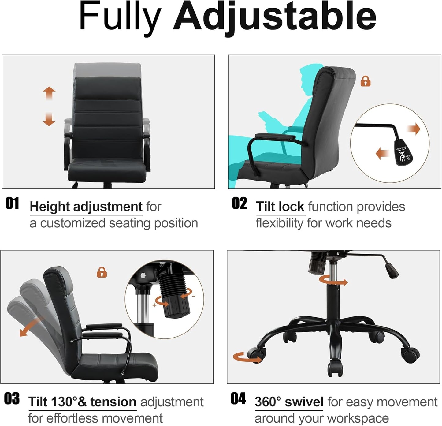 Office Desk Chair,Modern Conference Room Chairs,High Back Ergonomic Home ofiice Chair,Adjustable Height Swivel Executive Computer Chair with Padded Seat and Armrest (Pure Black)