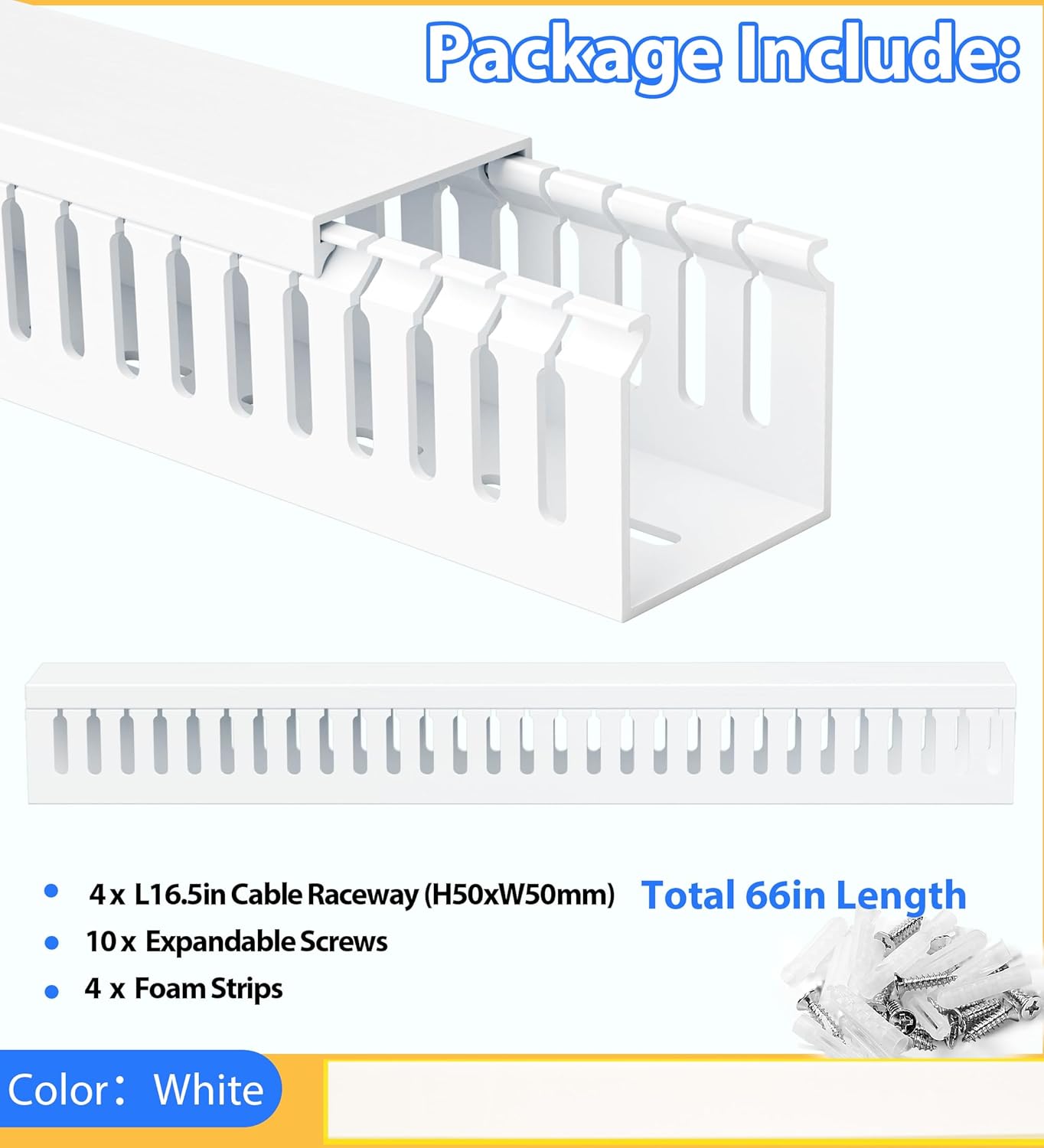 ZhiYo 66in(4X L16.5in) Professional Server Rack Cable Management Raceway, H2in x W2in Cable Raceway Kit, Electrically Safe PVC Open Slot Wire Raceway for Under Desk/Computer/Network Cords, White