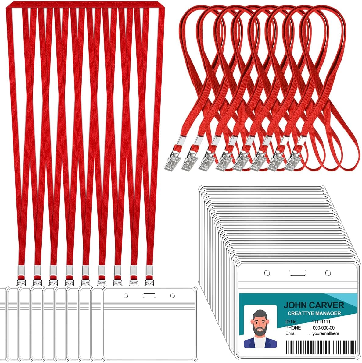 100 Pcs Clear Horizontal Badge Id Card and 100 Pcs Lanyard, Reusable Lanyards for Id Badge Holder Name Tag Badge Holder with Lanyards for Adults Kids Business School Conferences (Red)