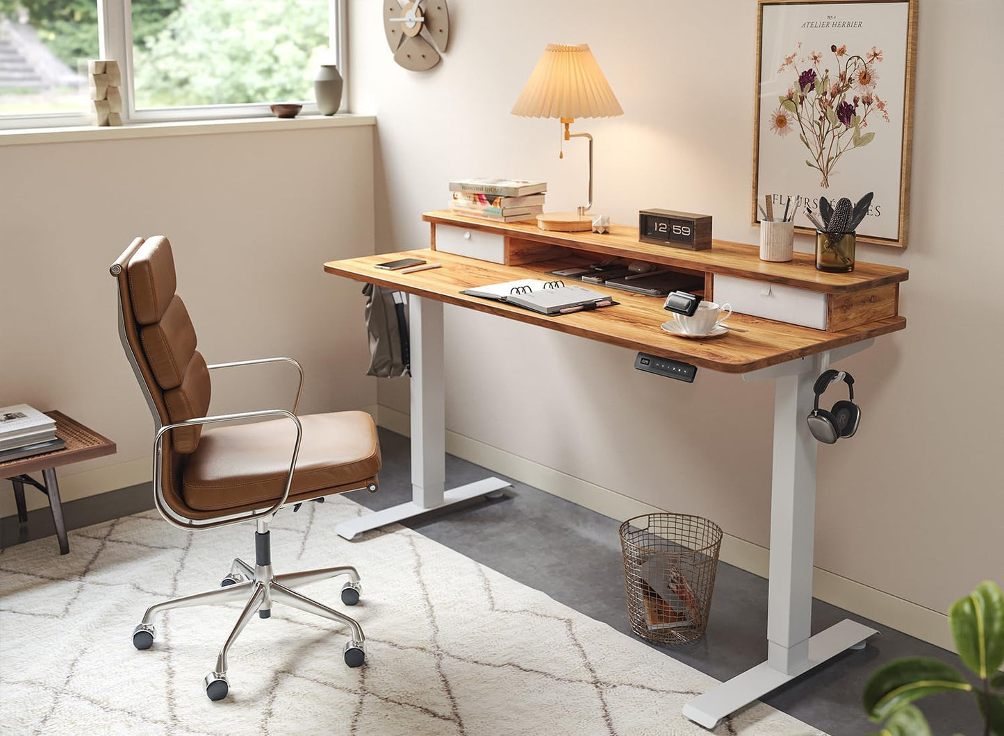 FEZIBO 48 x 24 Inch Height Adjustable Electric Standing Desk with Double Drawer, Computer Desk, Home Office Stand Up Table with 4 Height-Adjustable Feets & 2 Hooks, Light Rustic