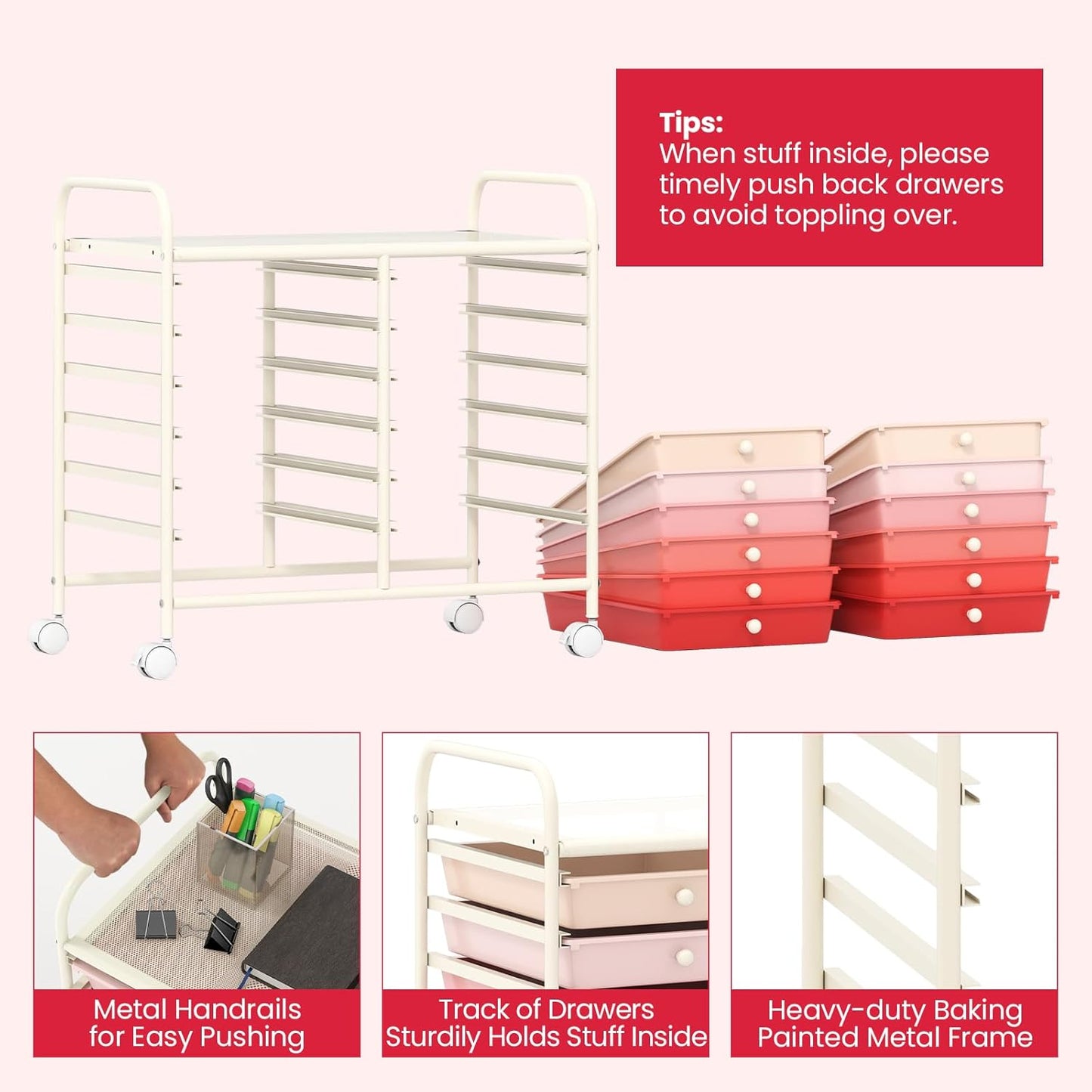 Giantex 12 Drawers Rolling Cart, Mobile Storage Drawer Cart, Classroom Organizer Cart for Office School Supplies Tools Scrapbook Paper Craft Small Printer, Utility Cart on Wheels, Pink Gradient