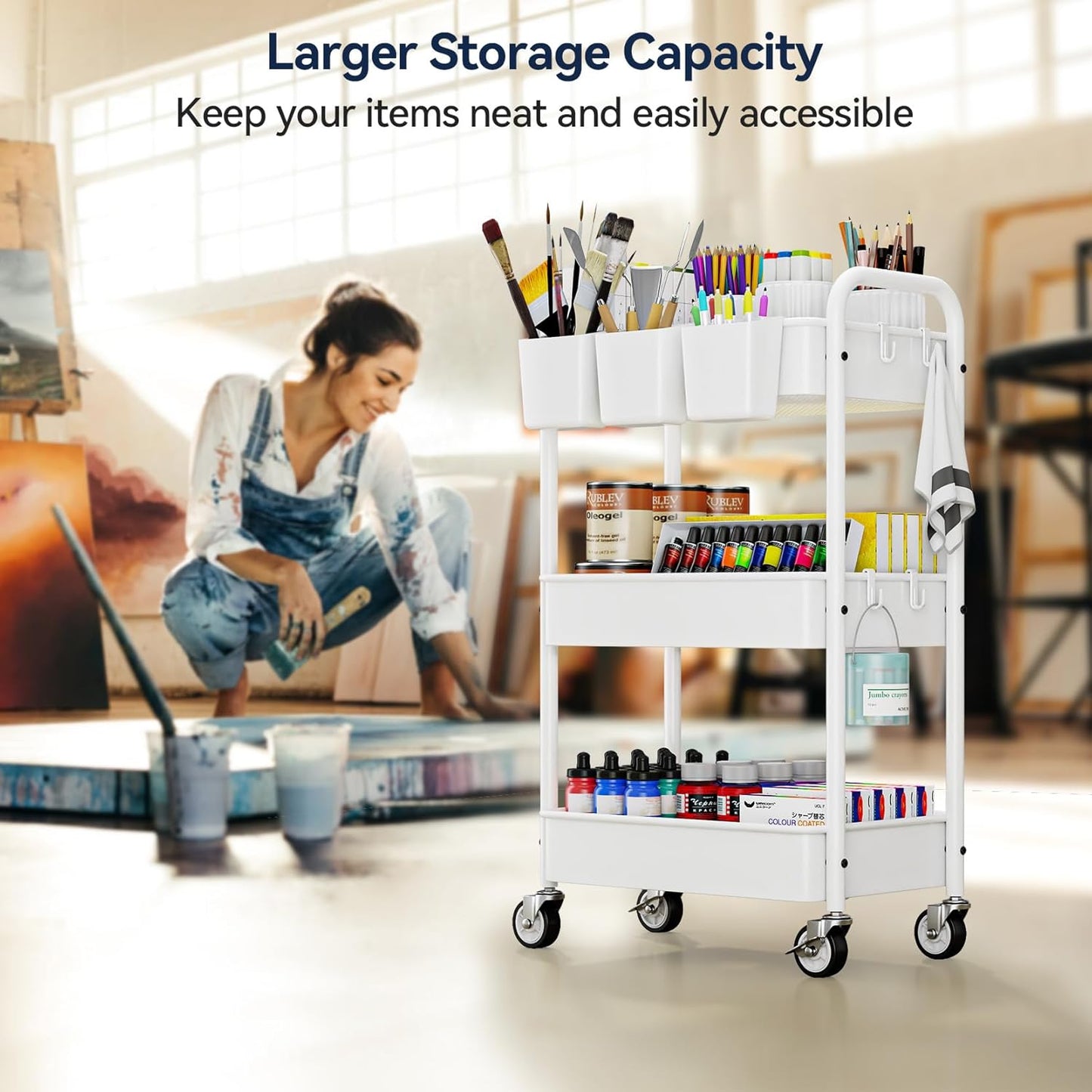 YASONIC Metal 3 Tier Rolling Cart - Heavy Duty Utility Cart with Lockable Wheels, Hanging Cups, Hooks, Mesh Rolling Storage Cart Craft Cart Organizer, Lightweight and Sturdy, White