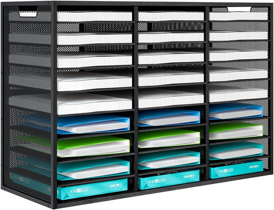 Mail Sorter Adjustable Countertop Heavy Duty Literature Organizer Student Mailbox for Classroom Desktop Bill Paper Holder Rack for Office Home School, 27 Compartments, Black