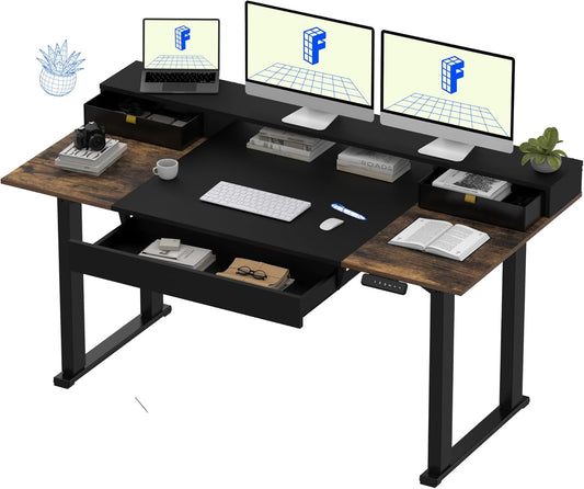 FLEXISPOT 4-Leg Standing Desk with Storage 71x32 in Electric Adjustable Height with 3 Drawers & Shelving Home Office Workstation (Black + Special Walnut Top)