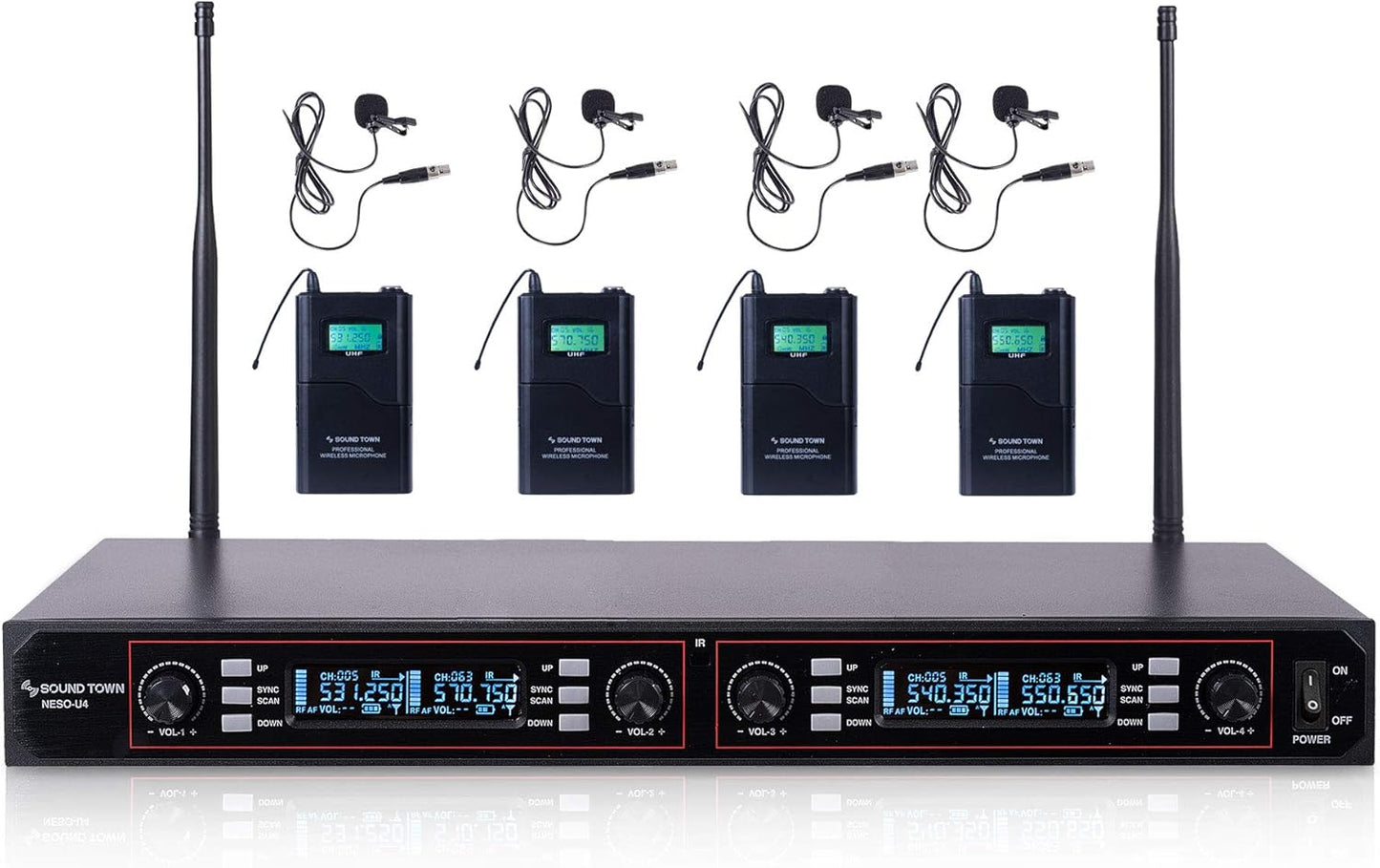 Sound Town 200-Channel Rack Mountable Professional Adjustable UHF Wireless Microphone System with Metal Receiver, 4 Lavalier Mics, 4 Bodypack Transmitters (NESO-U4LL)