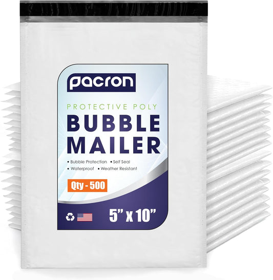 500-Pack Waterproof Poly Bubble Mailers 5 x10 - Thick, Durable, Instant Seal Envelopes with Strong Adhesive - Protective Shipping Mailers for Jewelry, Cosmetics, SD Cards, USB Cables