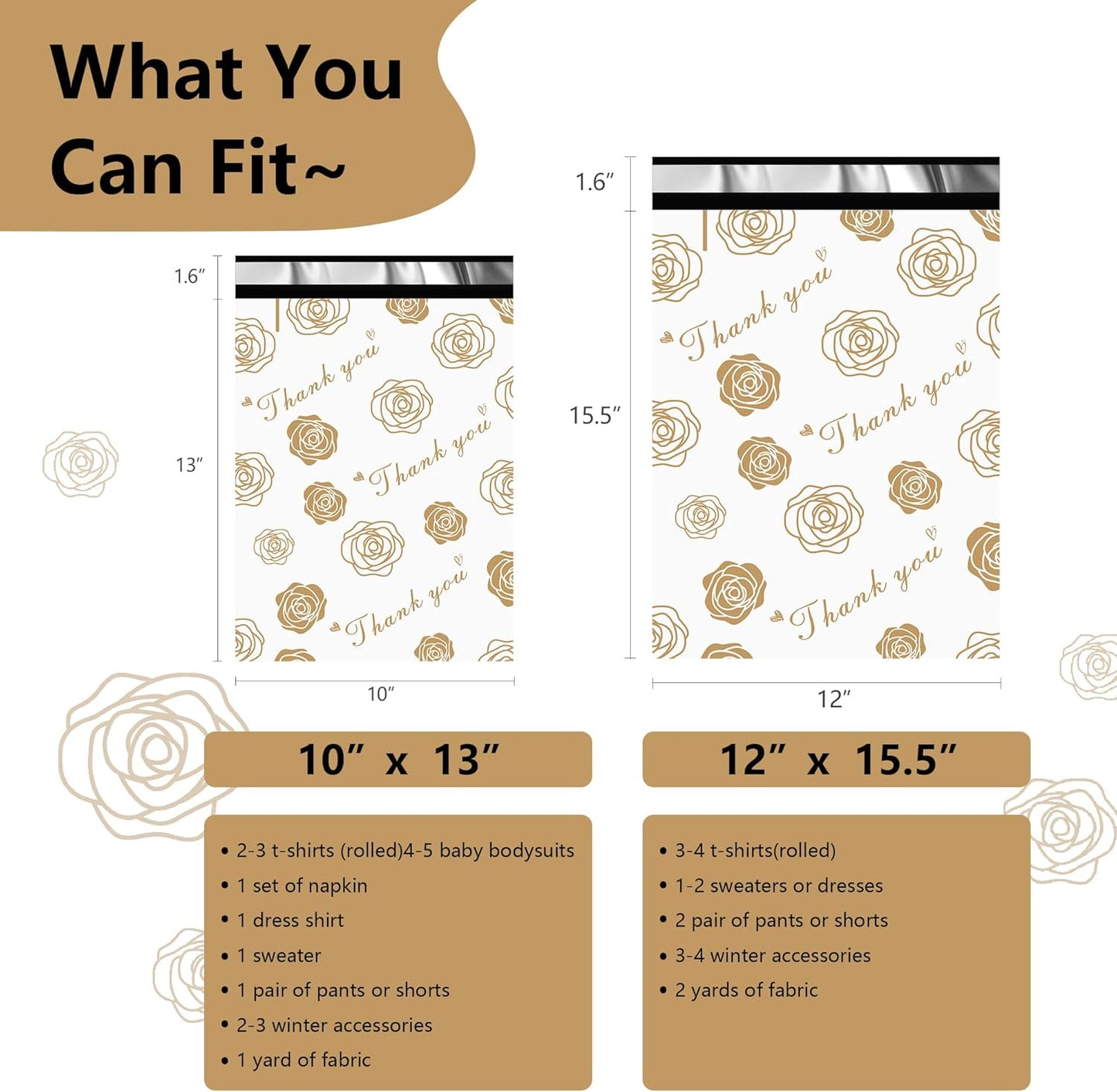 Thank You Poly Mailers 10x13 Inch 25 Pcs - Gold Rose Printed Shipping Bags for Clothing - Waterproof and Tear Resistant Mailing Envelopes - Self-Sealing Packaging Bags for Small Business