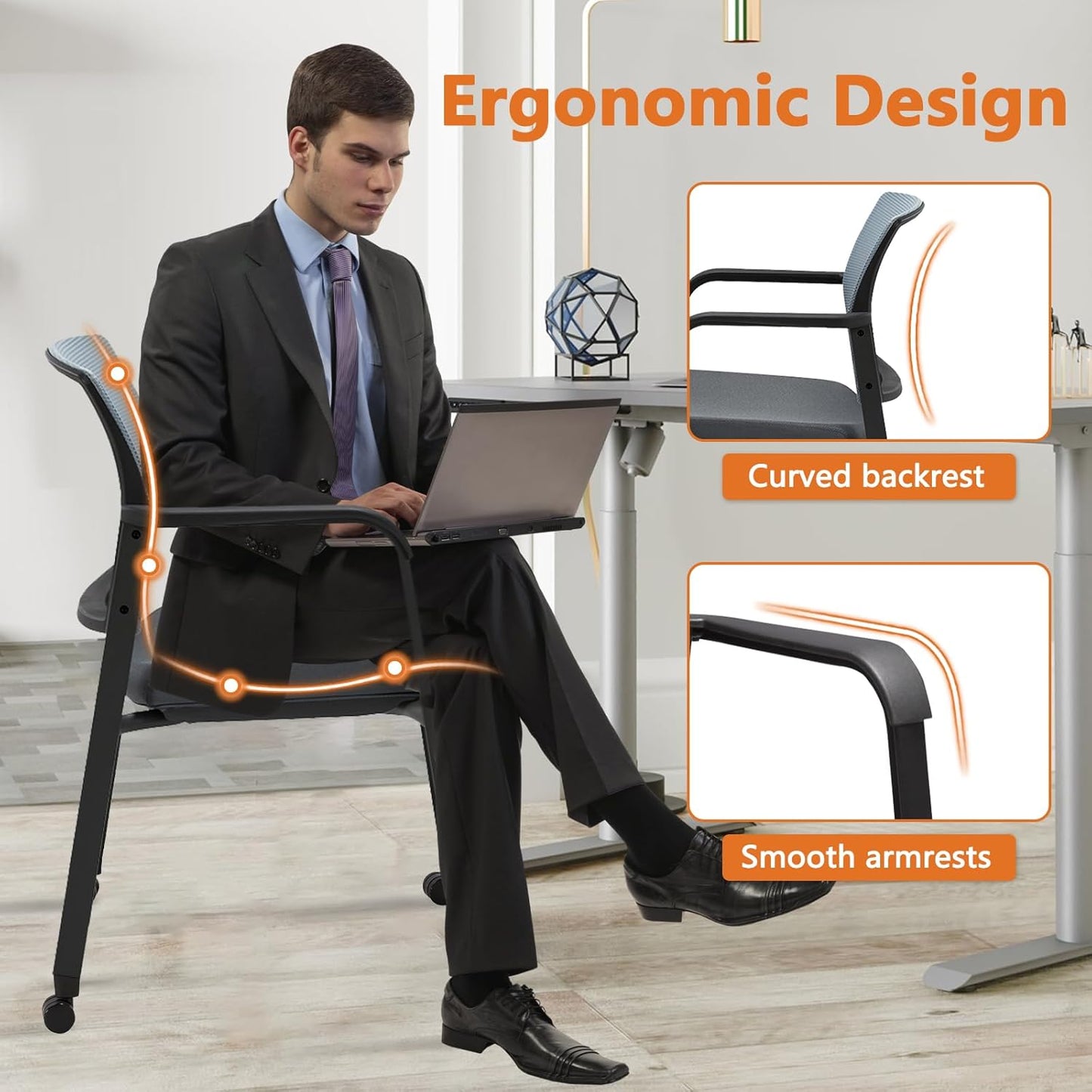 CLATINA Mesh Back Stacking Arm Chairs with Upholstered Fabric Seat and Ergonomic Lumbar Support for Office School Church Guest Reception (WithWheels Gray- 2 Pack)