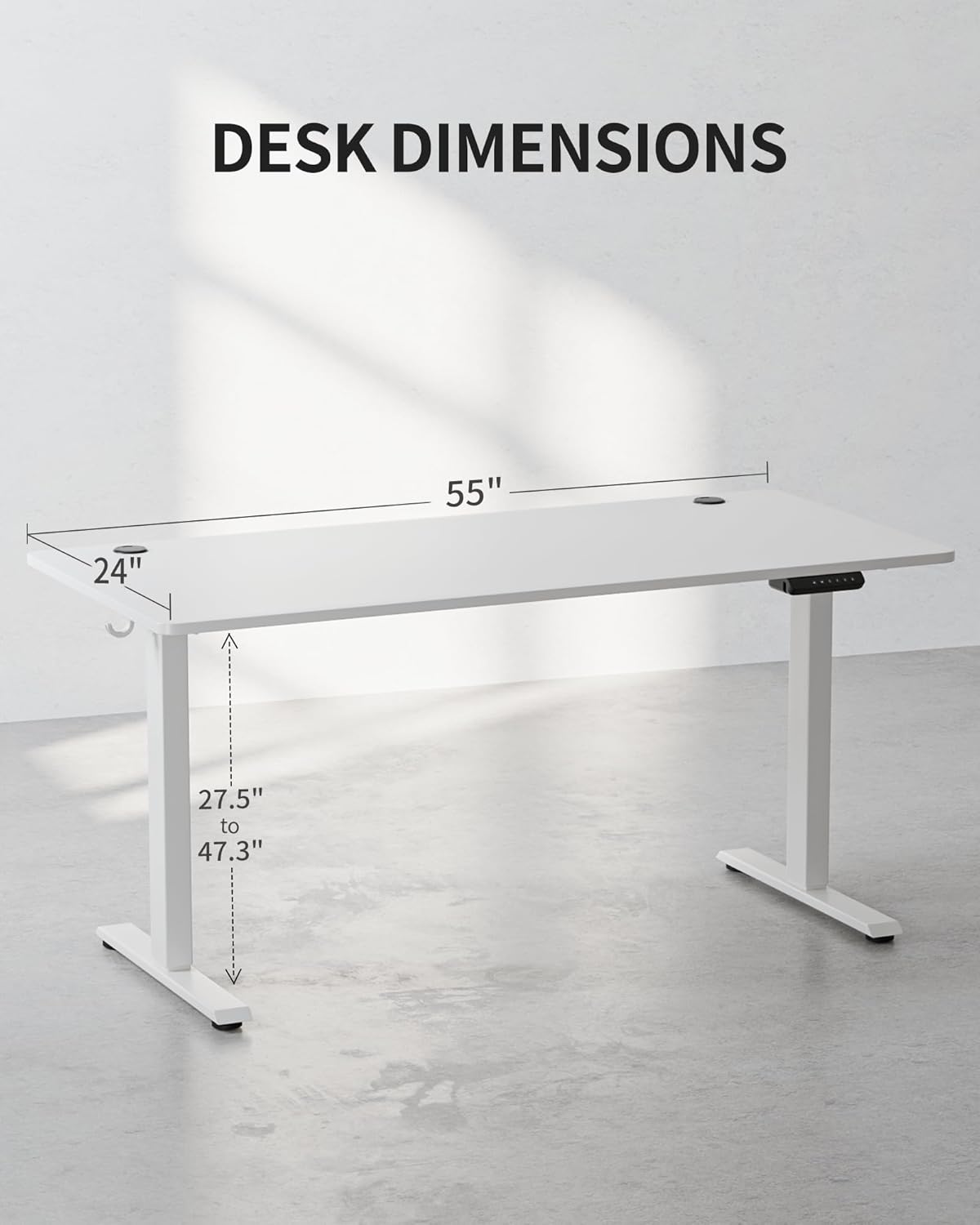 FEZIBO One-Piece Standing Desk Adjustable Height Stand up Home Office Desk, 55x24 Inch Electric Standing Computer Desk, with 4 Memory Presets, Fixable casters, White