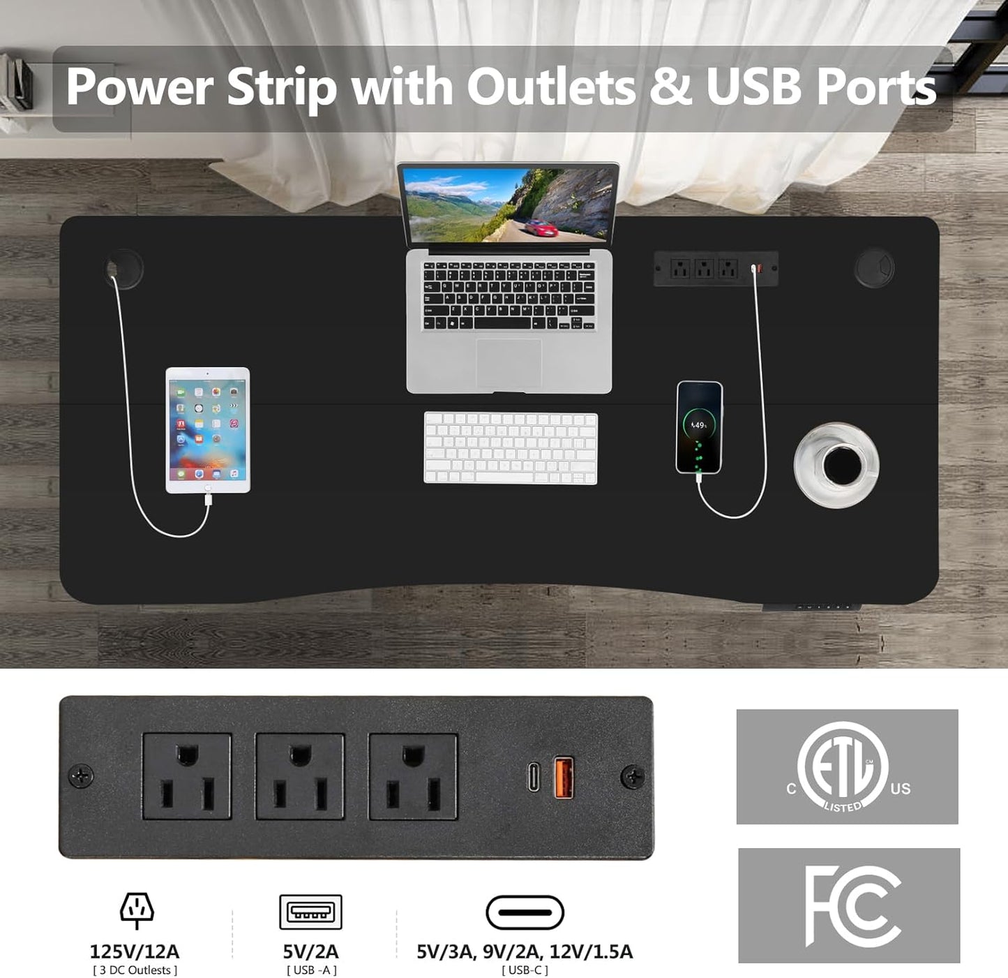 Curved Electric Standing Desk 48 x 24 Inches Adjustable Height Ergonomic Sit Stand Up Desk for Home Office Computer Workstation with 2 USB Ports 3 Power Outlets Memory Preset Wheels, Black