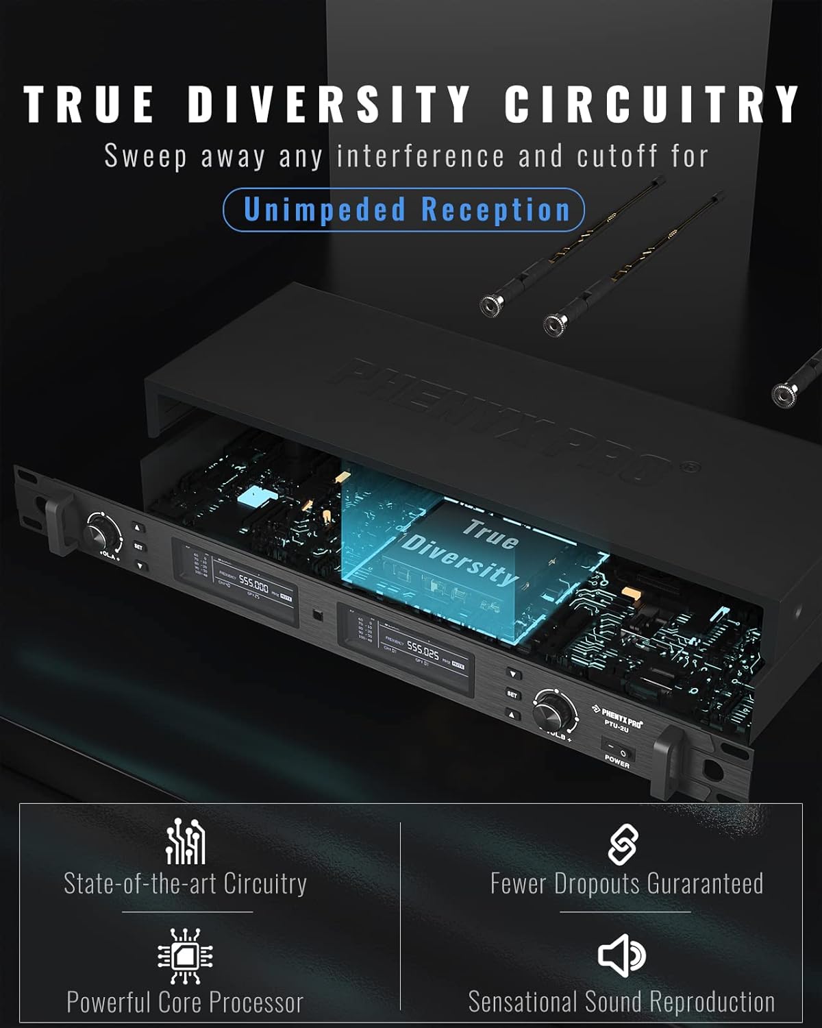 Phenyx Pro Wireless Microphone System, True Diversity Dual Cordless Microphone Set w/UHF Handheld/Bodypack/Headset/Lapel Mics, Auto Scan, 2x1000 Channels for Stage & Studio (PTU-2U-1H1B)